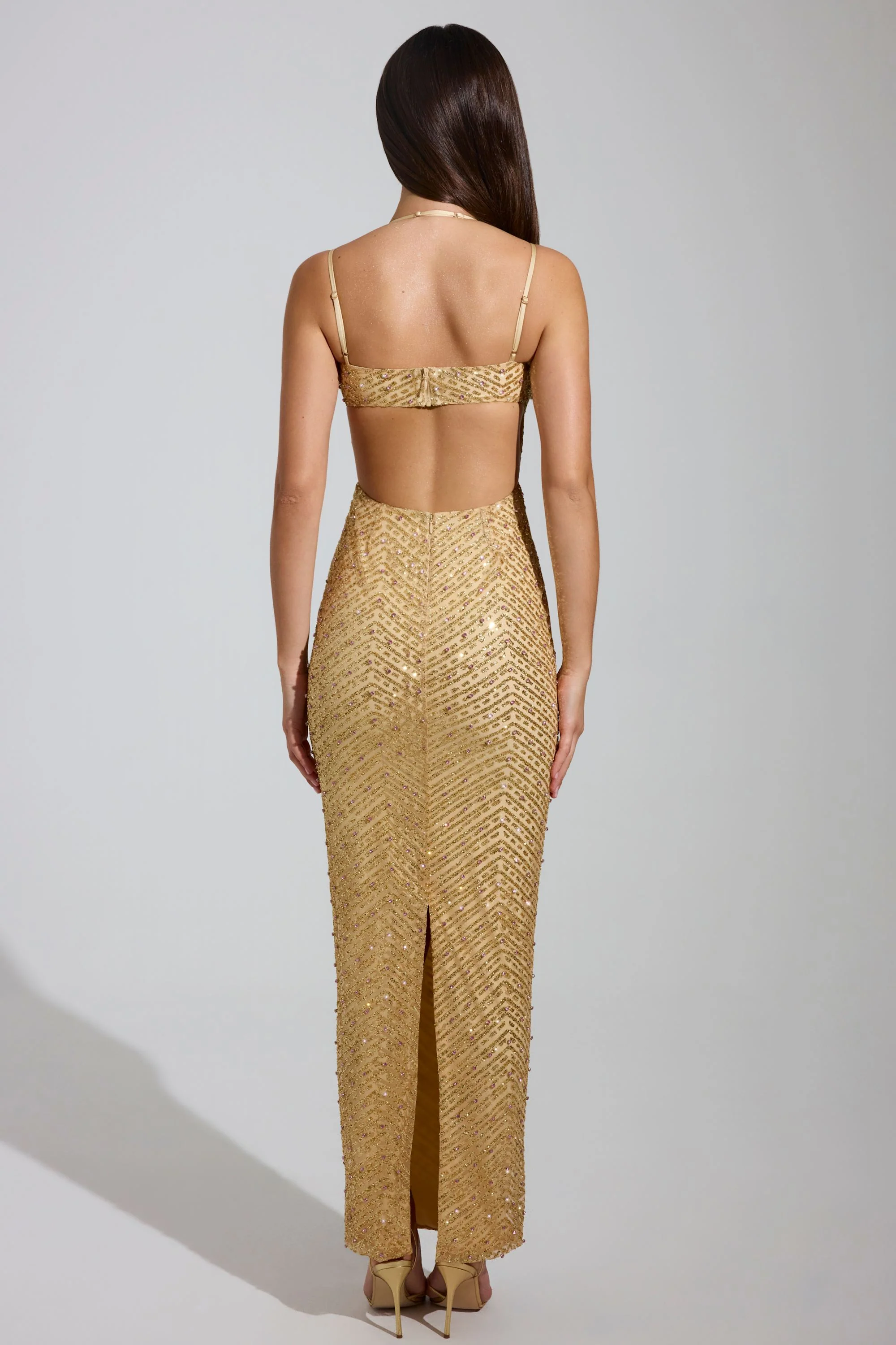 Embellished Cowl-Neck Maxi Dress in Gold - TREBLEV