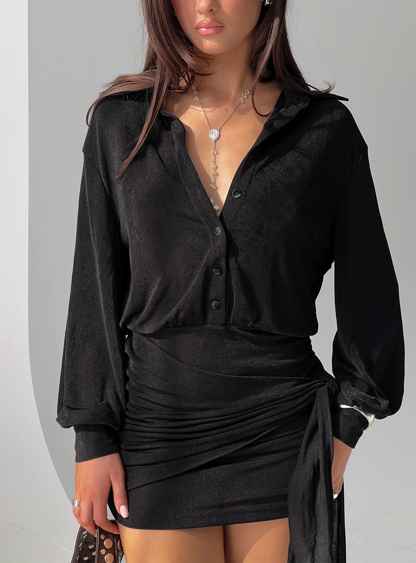 Lynton Long Sleeve Shirt Mini Dress Black - TREBLEV