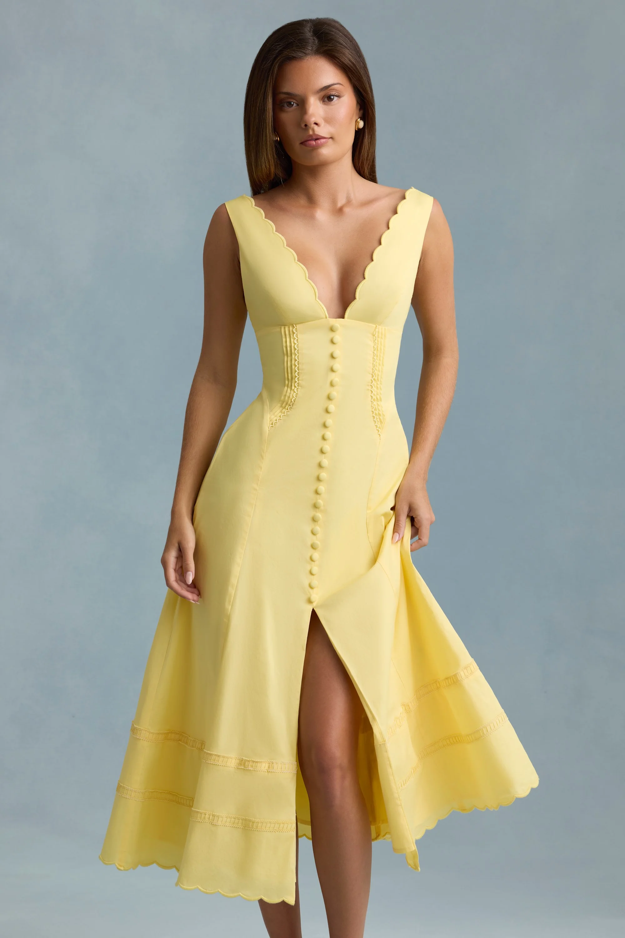 Cotton-Poplin A-Line Midaxi Dress in Pastel Yellow - TREBLEV