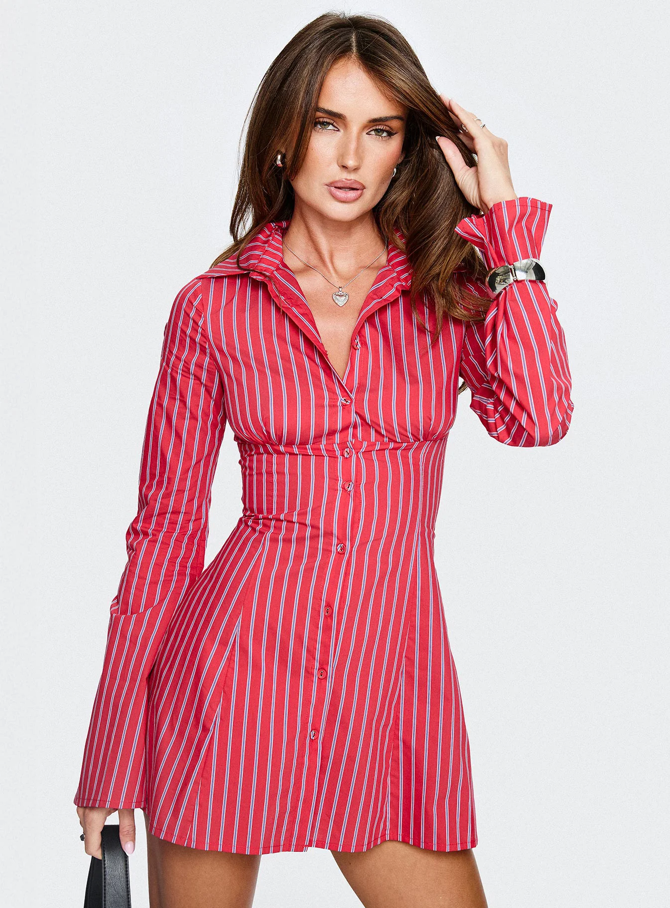Tawni Long Sleeve Shirt Mini Dress Red Stripe - TREBLEV