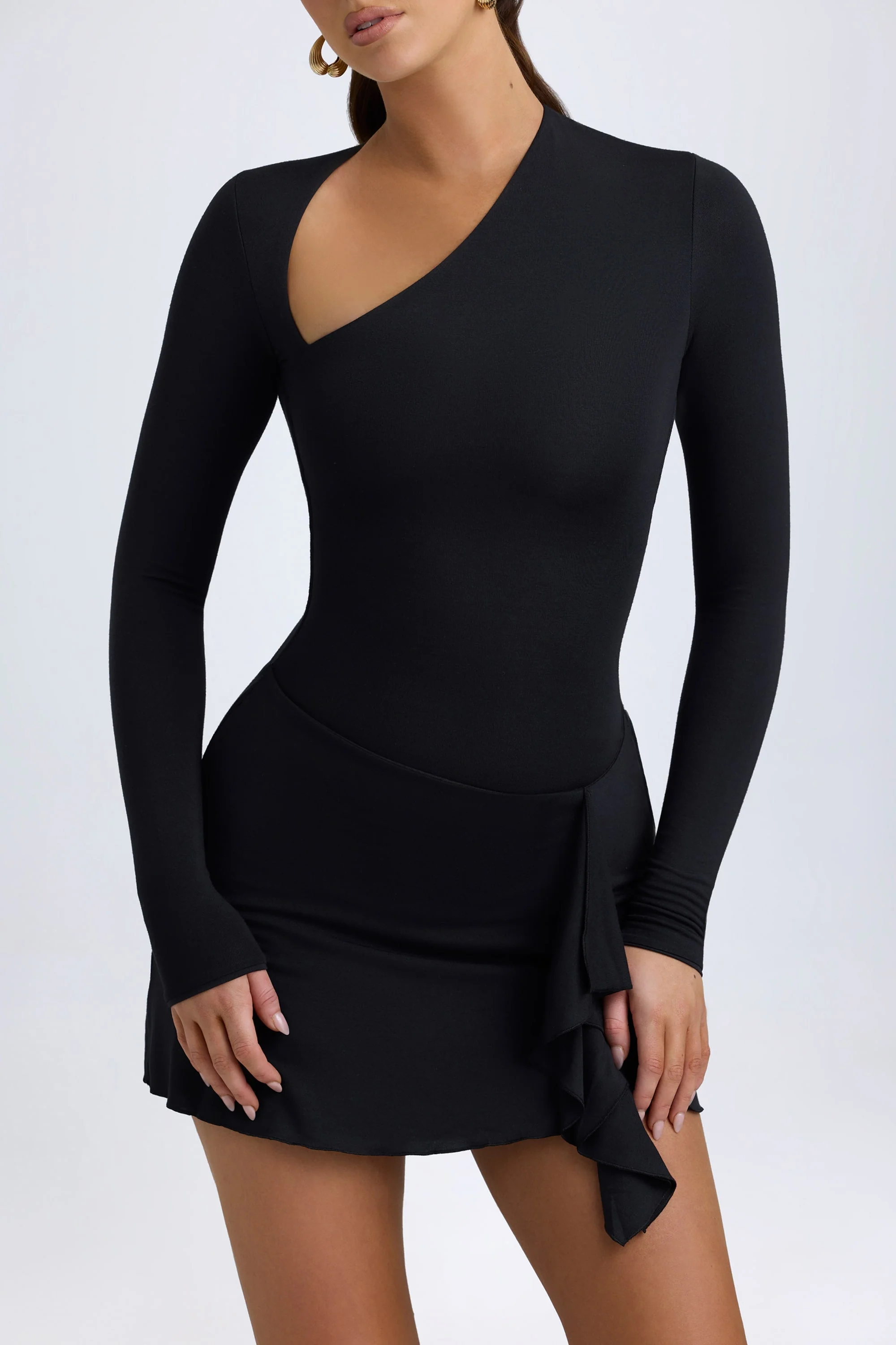 Modal Asymmetric A-Line Mini Dress in Black - TREBLEV