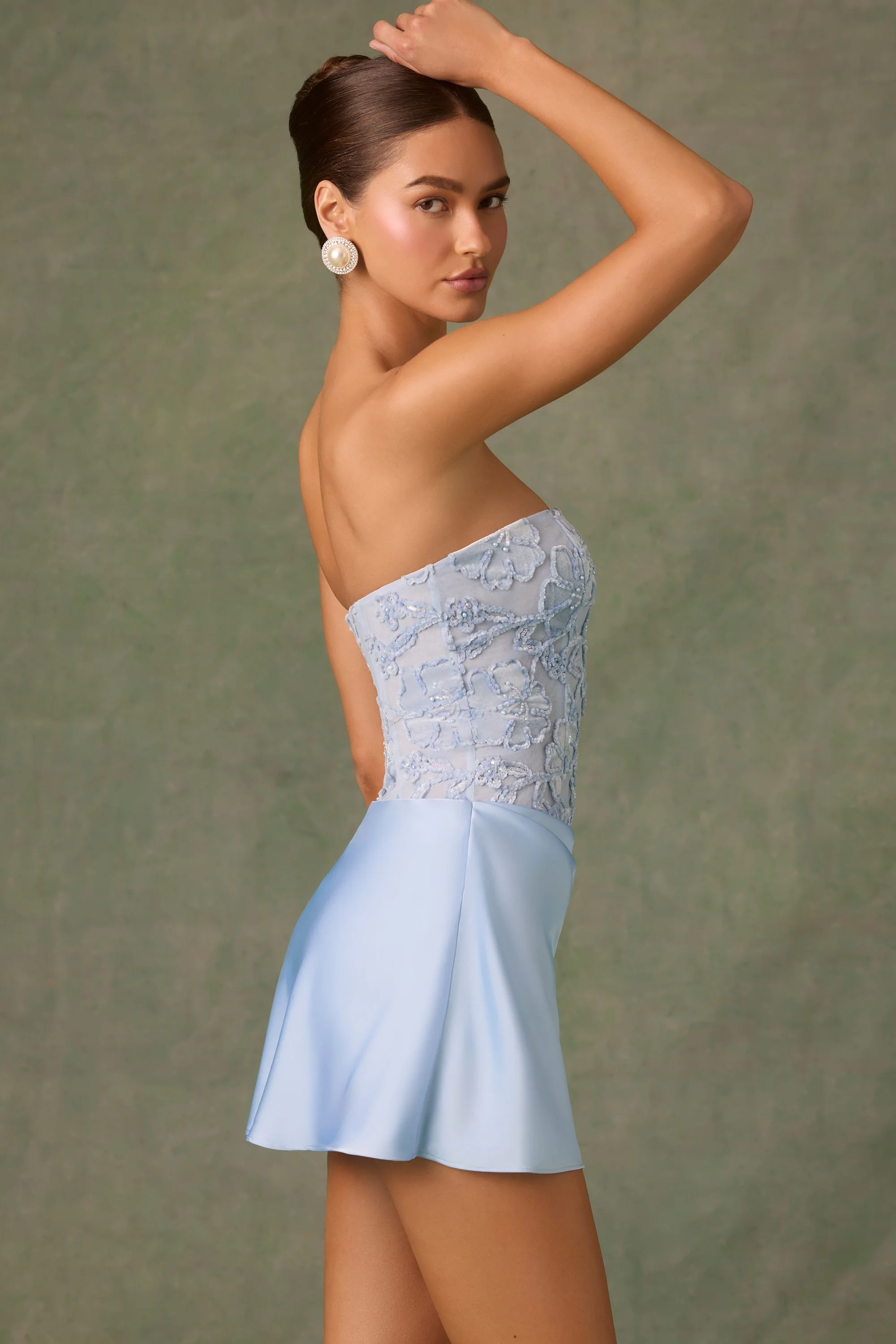 Embellished Draped Strapless A-Line Mini Dress in Sky Blue - TREBLEV