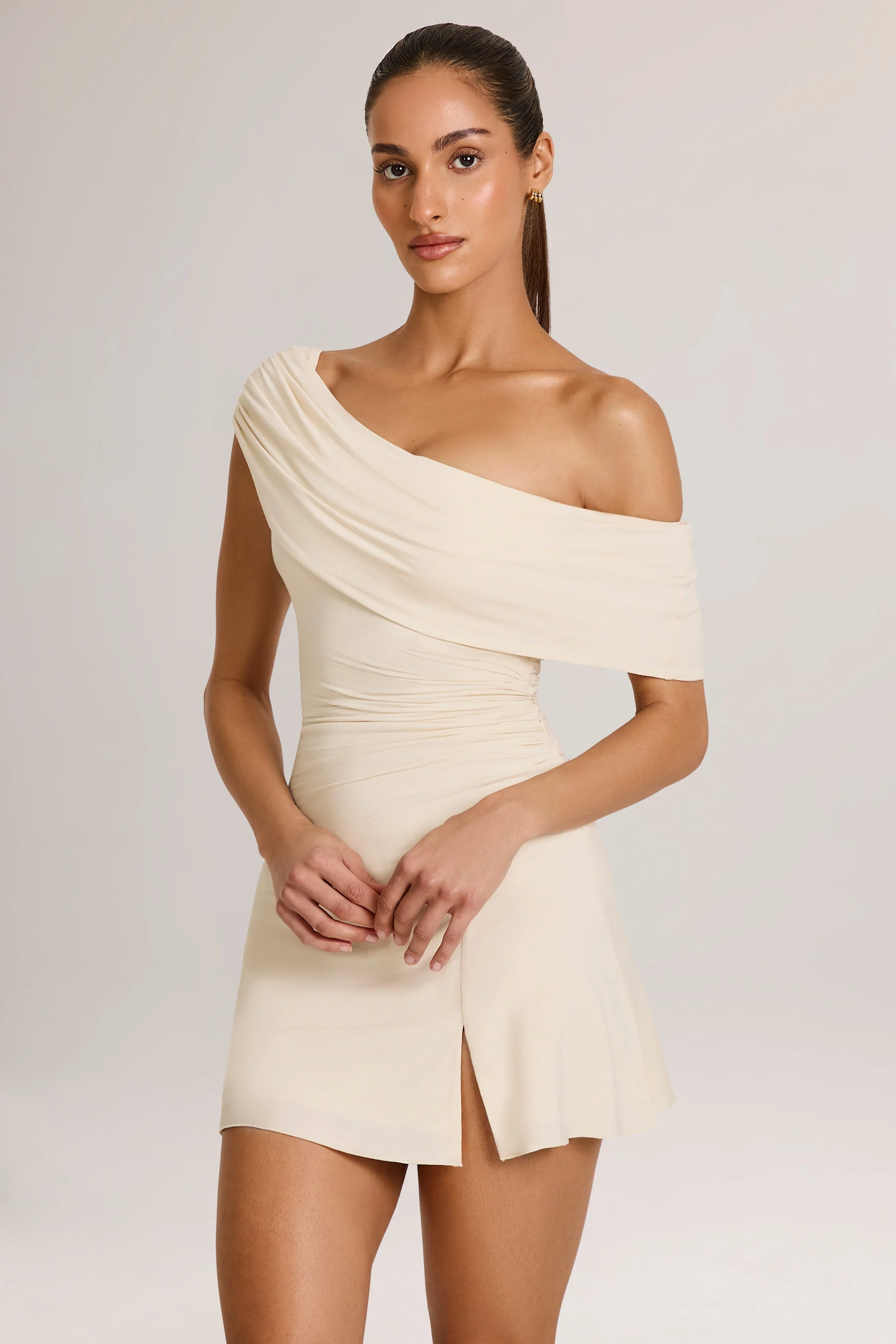 Modal Asymmetric A-Line Mini Dress in Ivory - TREBLEV