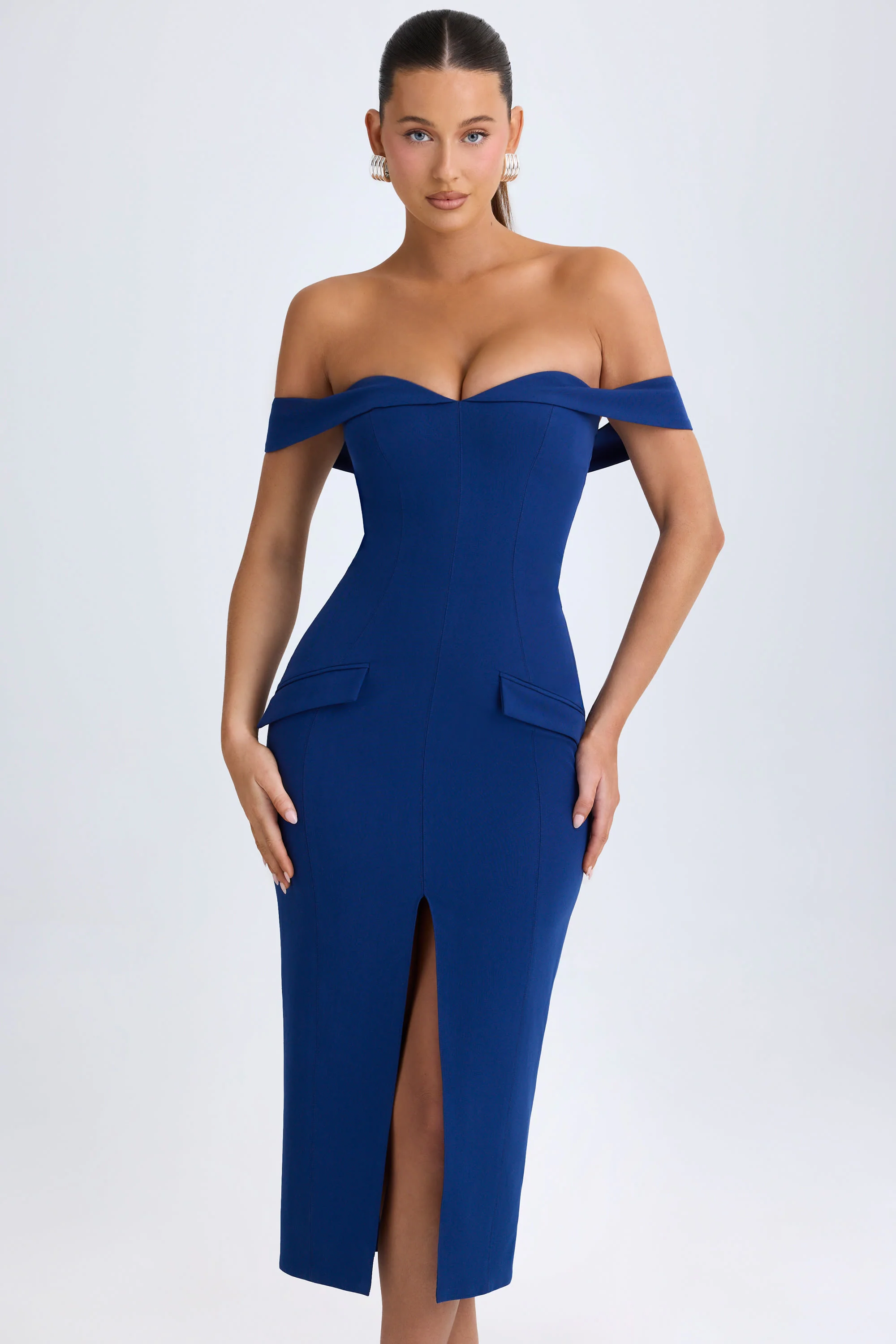 Off-Shoulder Midaxi Dress in True Navy - TREBLEV