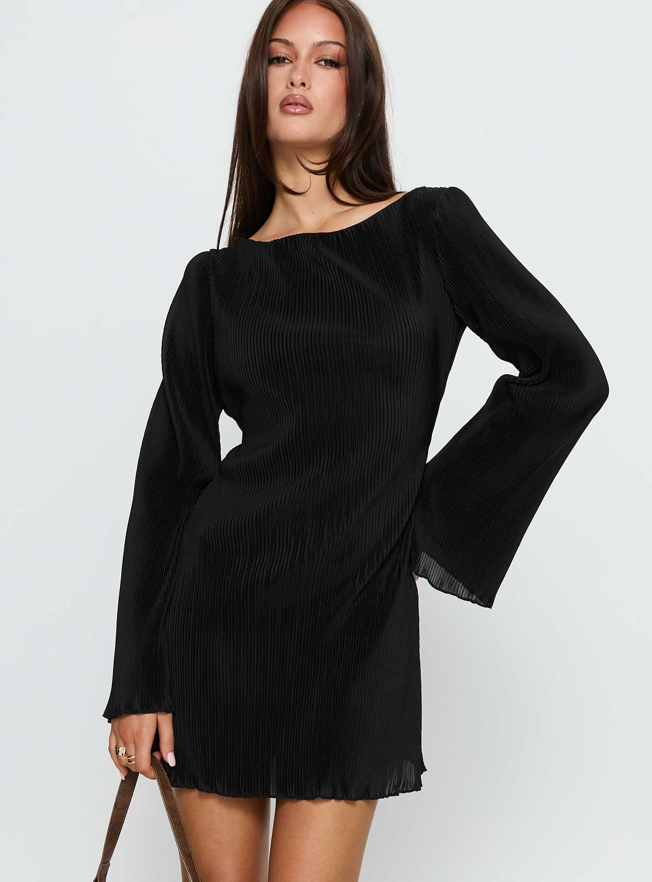 Lukea Long Sleeve Plisse Mini Dress Black - TREBLEV