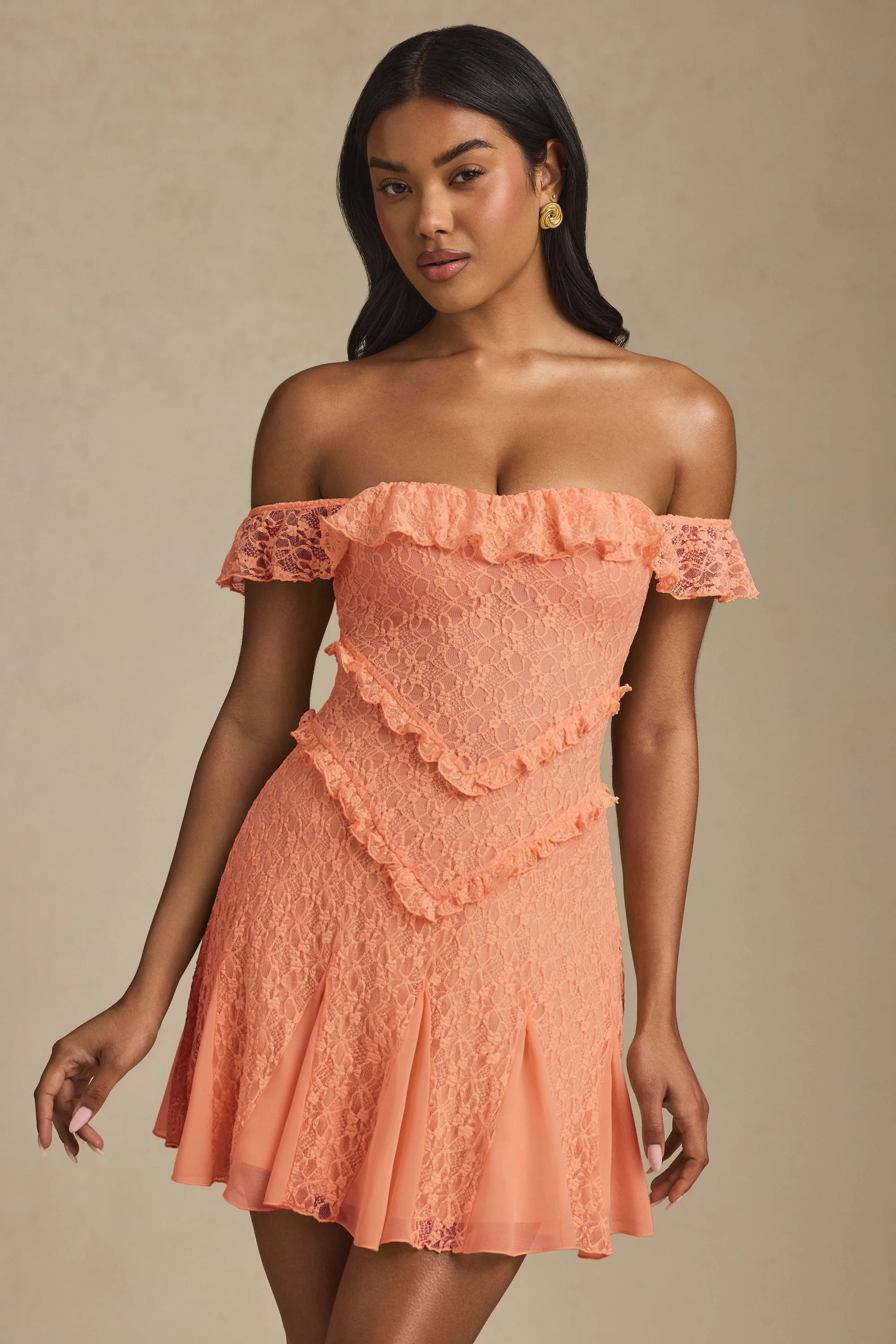 Off-Shoulder Lace A-Line Mini Dress in Peach - TREBLEV