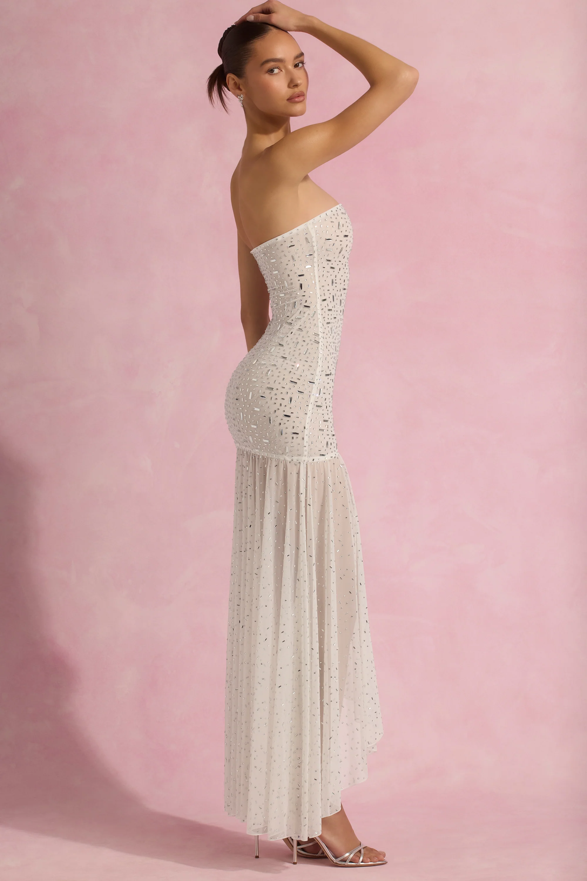 Semi-Sheer Embellished Asymmetric Maxi Dress in White - TREBLEV