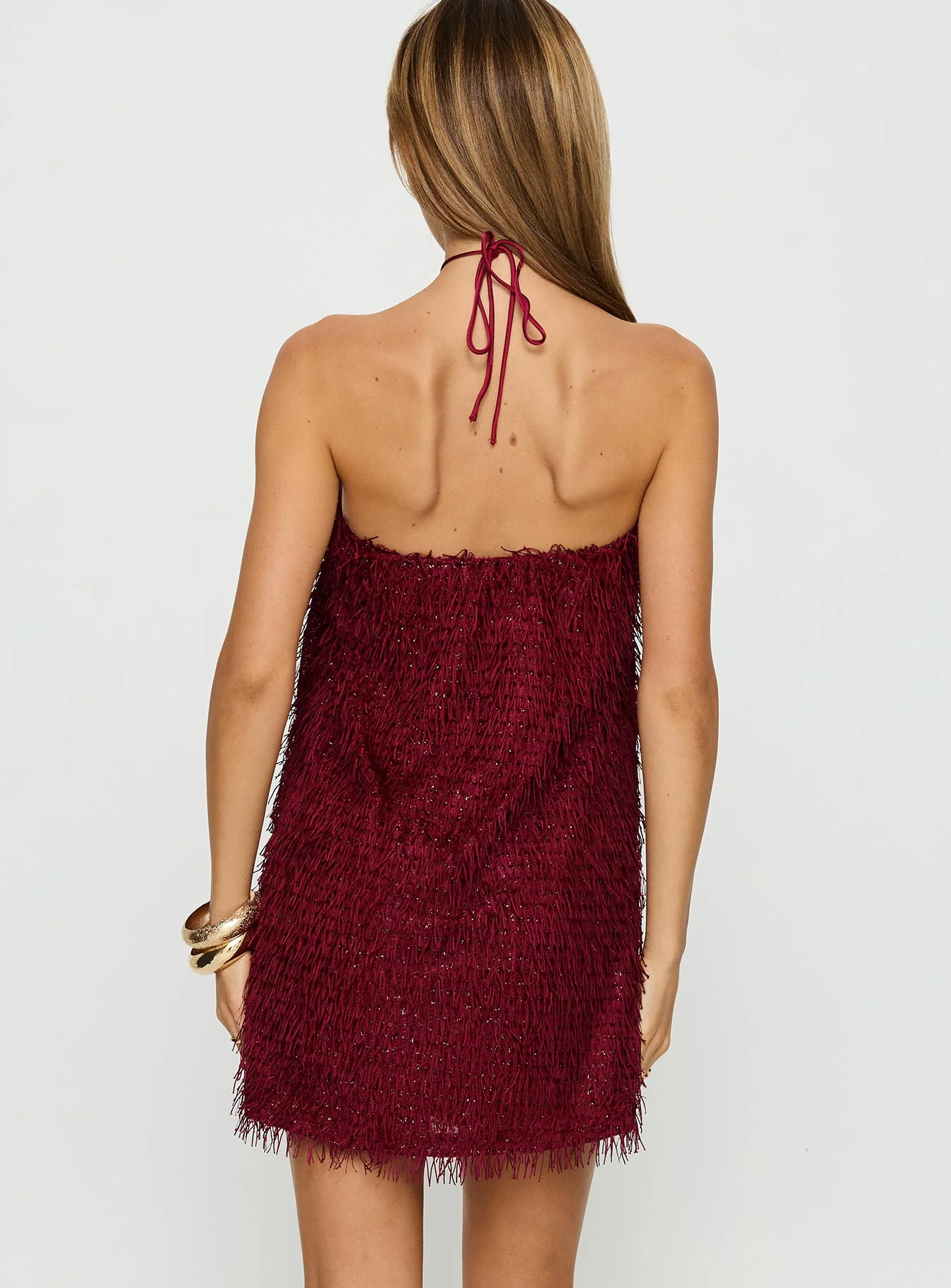 Koressa Halter Fringe Mini Dress Burgundy - TREBLEV