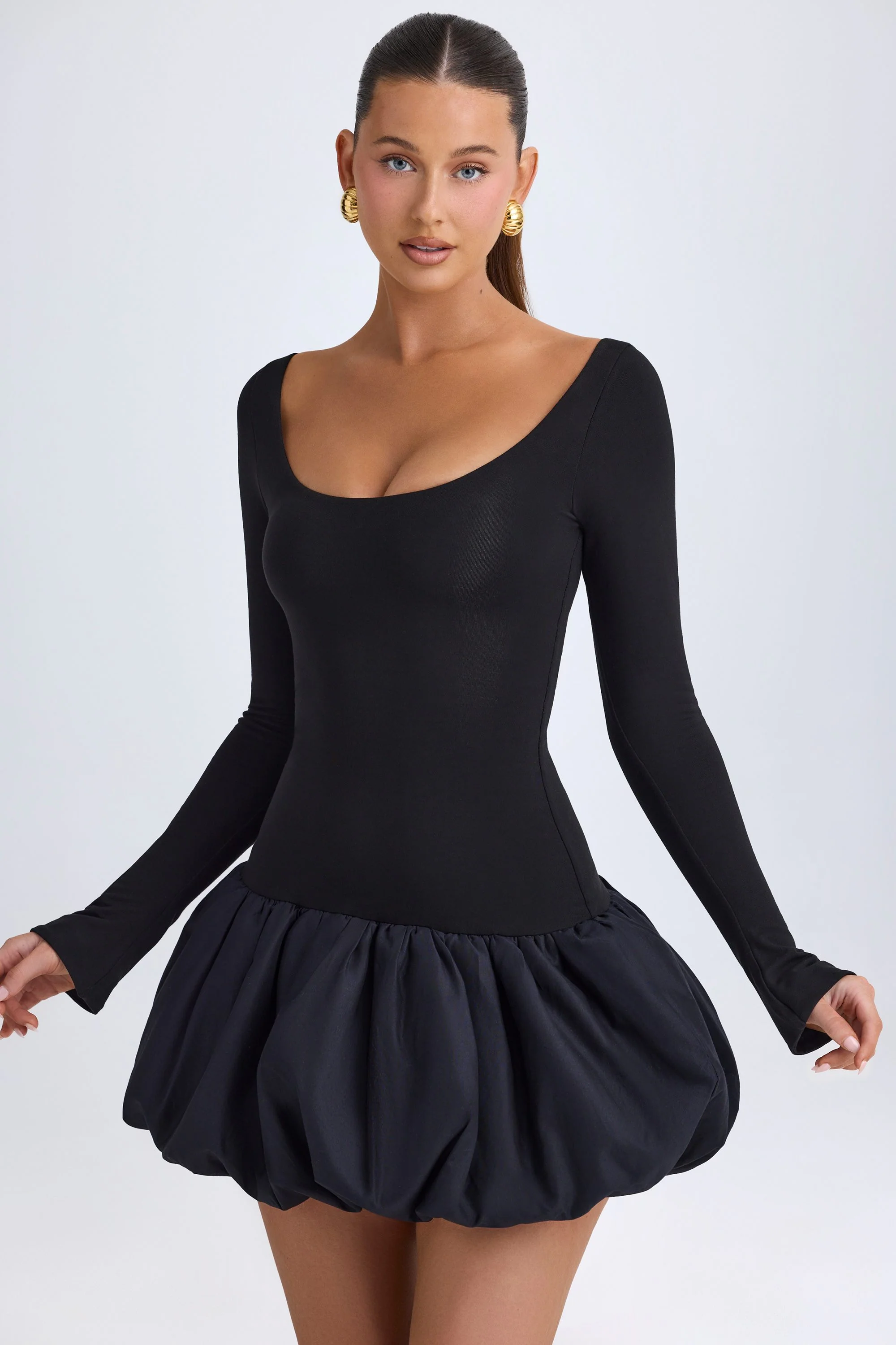 Scoop-Neck Drop-Waist Bubble Hem Mini Dress in Black - TREBLEV