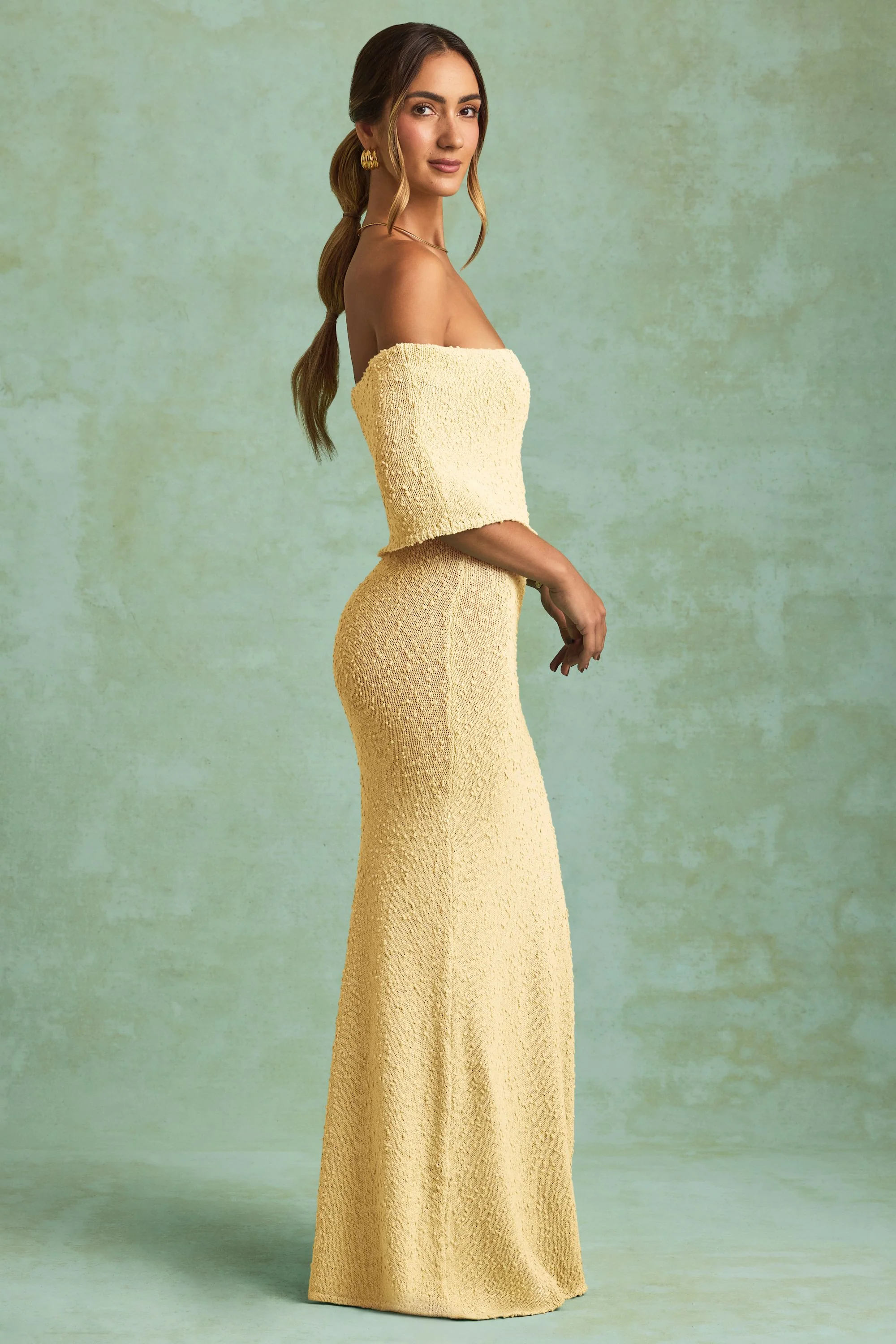 Bouclé Off-Shoulder Maxi Dress in Yellow - TREBLEV