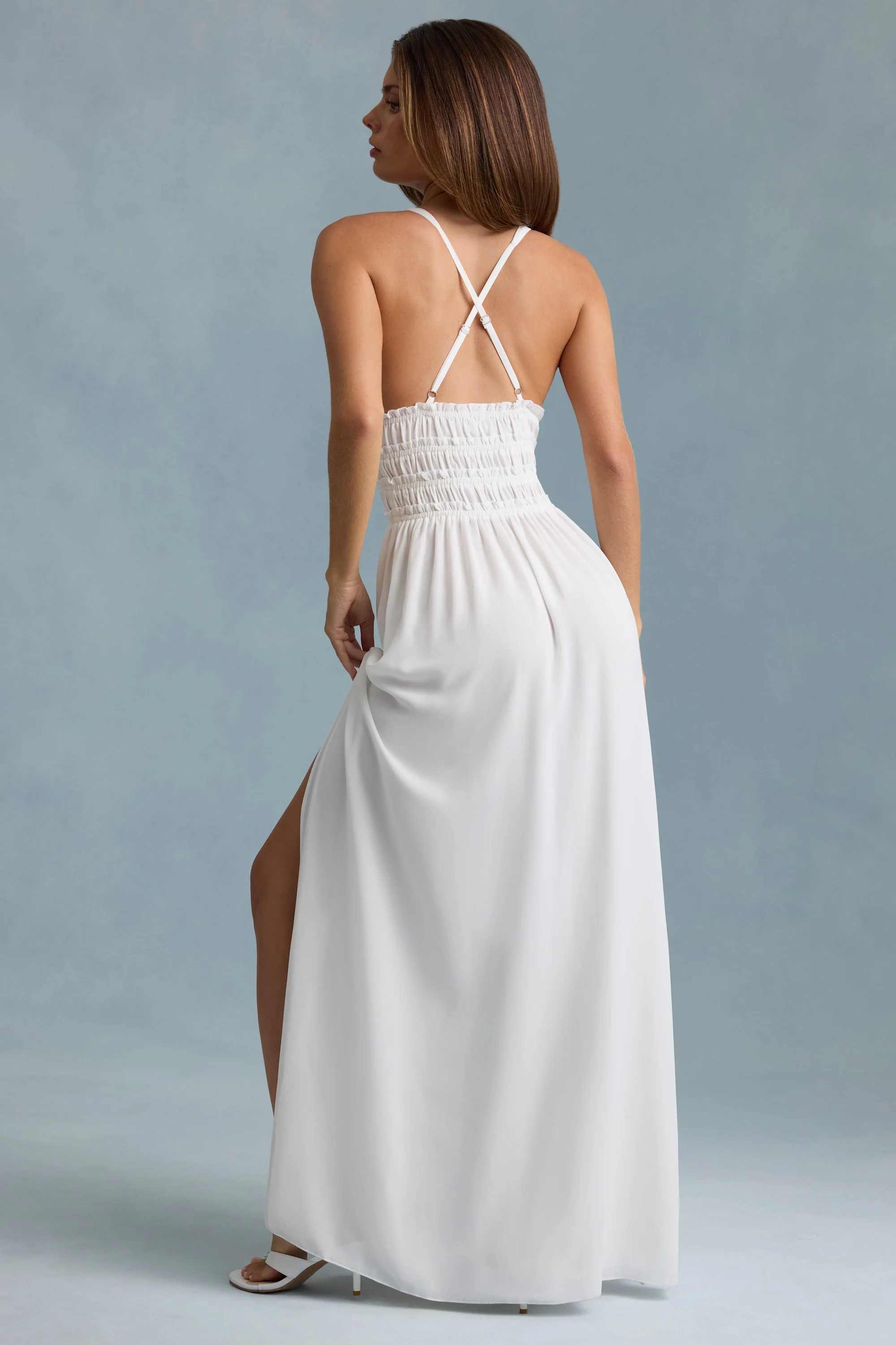Plunge Cross-Back Maxi Dress in White - TREBLEV