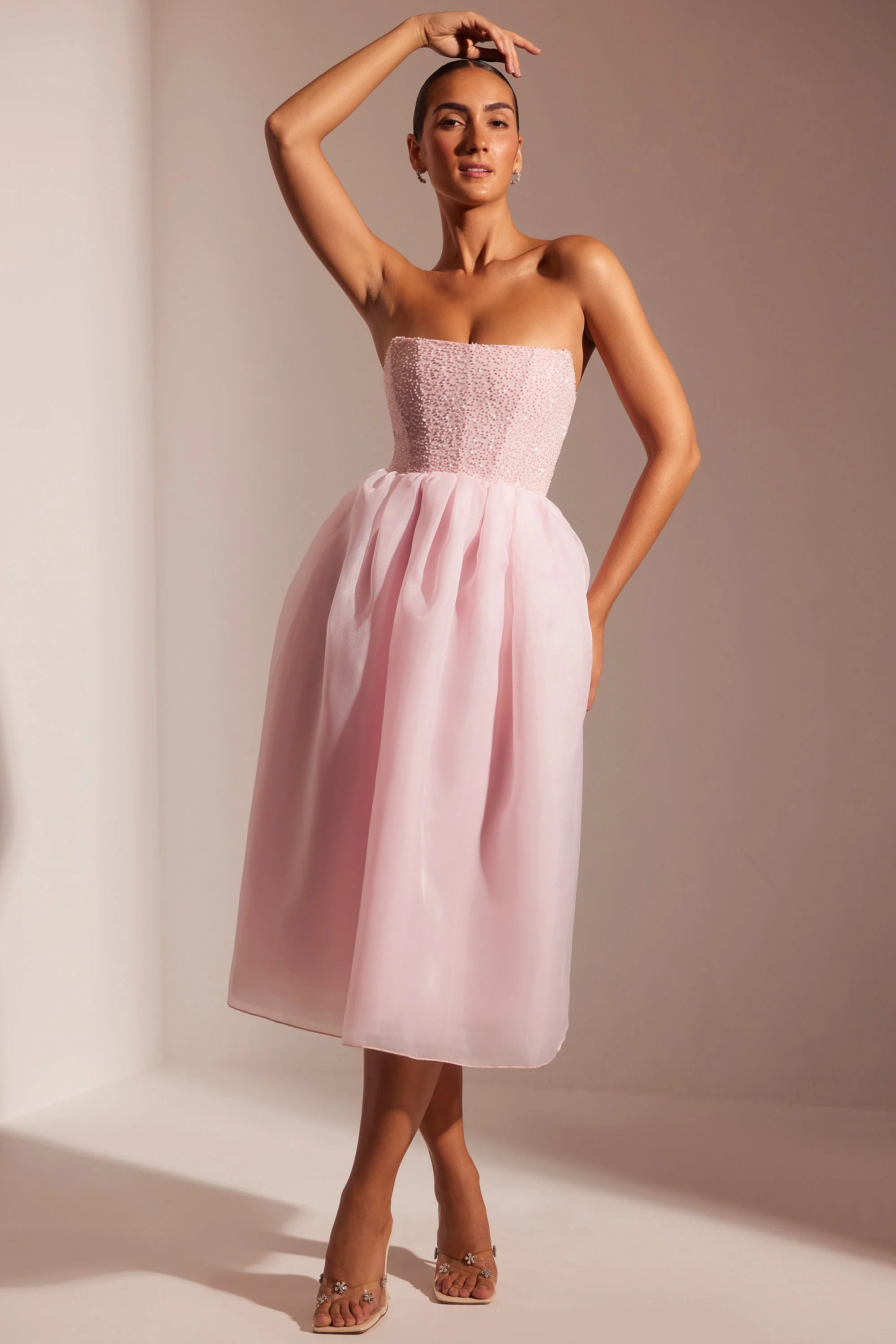 Embellished Corset Tulle Skirt Midi Dress in Blush - TREBLEV