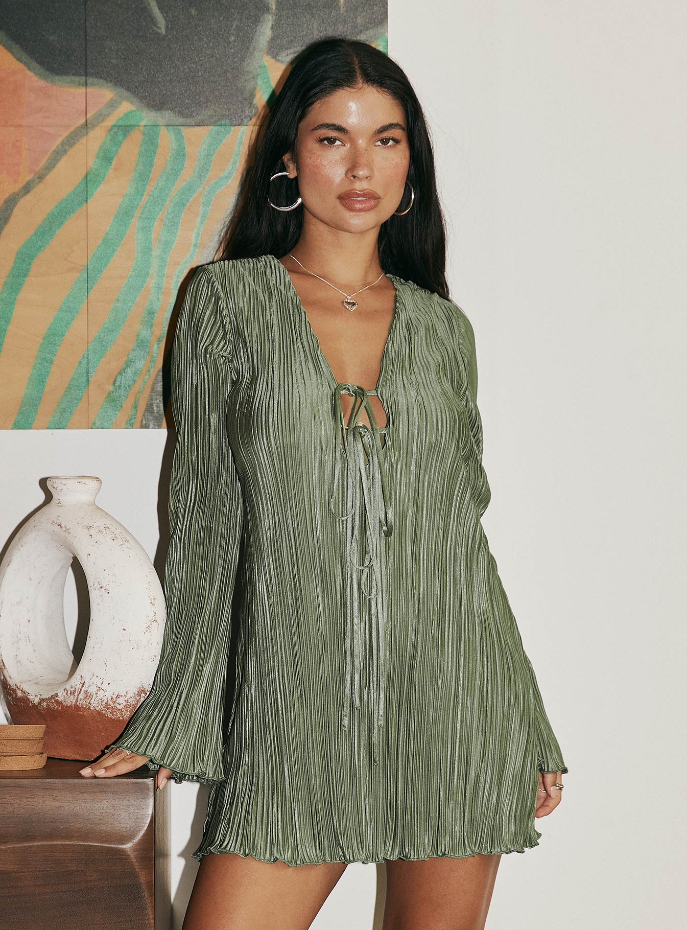 Malop Long Sleeve Mini Dress Sage - TREBLEV
