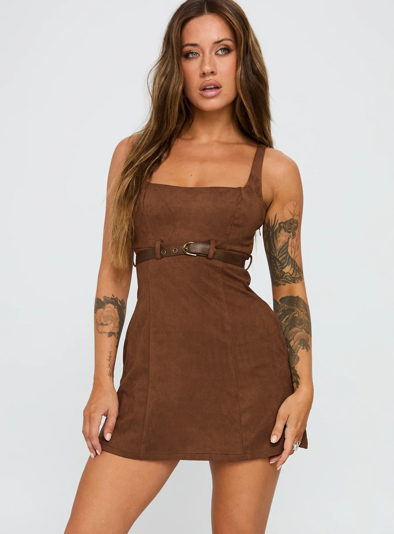 Way Back In Faux Suede Mini Dress Brown - TREBLEV