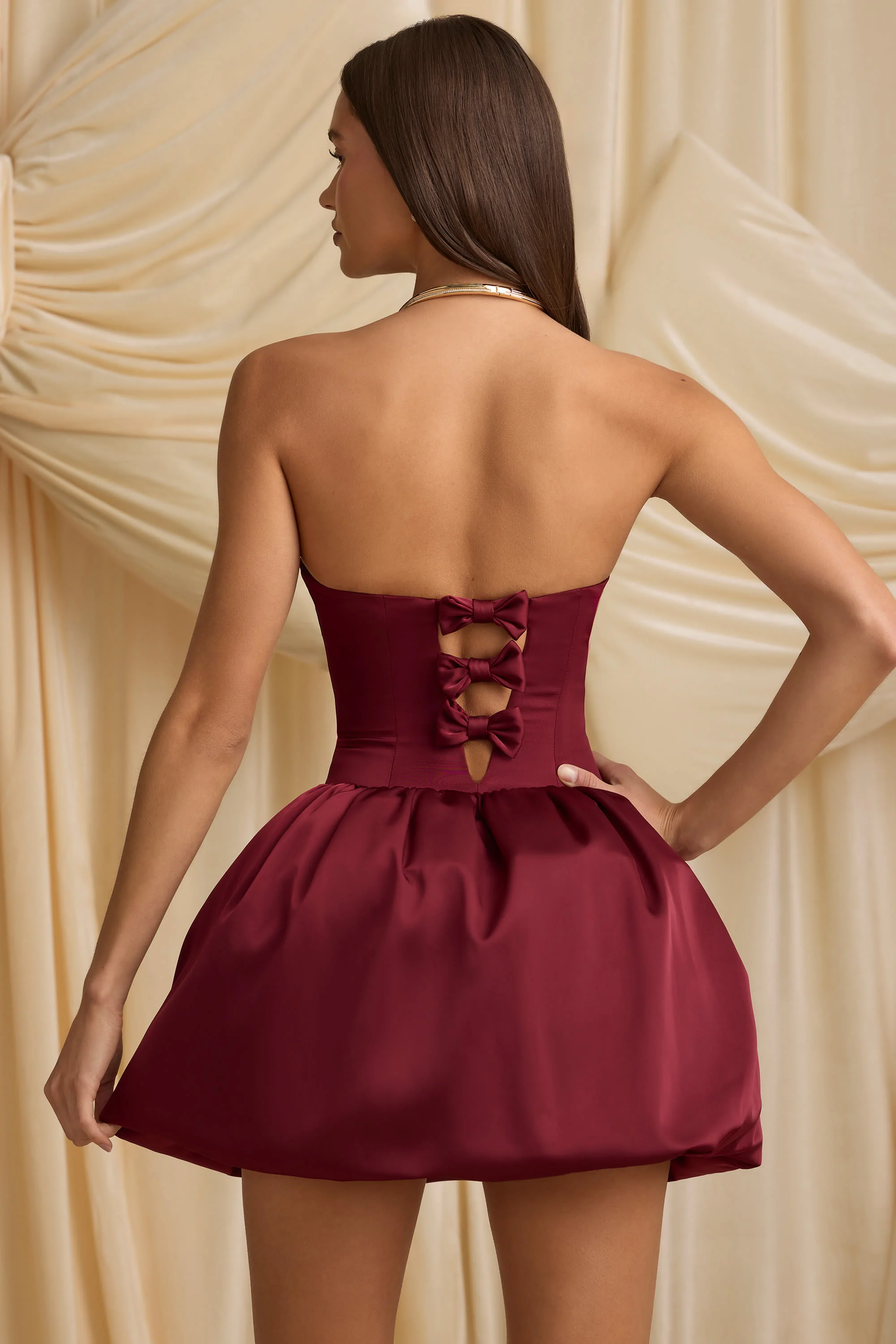Convertible Bow-Detail Bubble Hem Midaxi Dress in Wine Red - TREBLEV