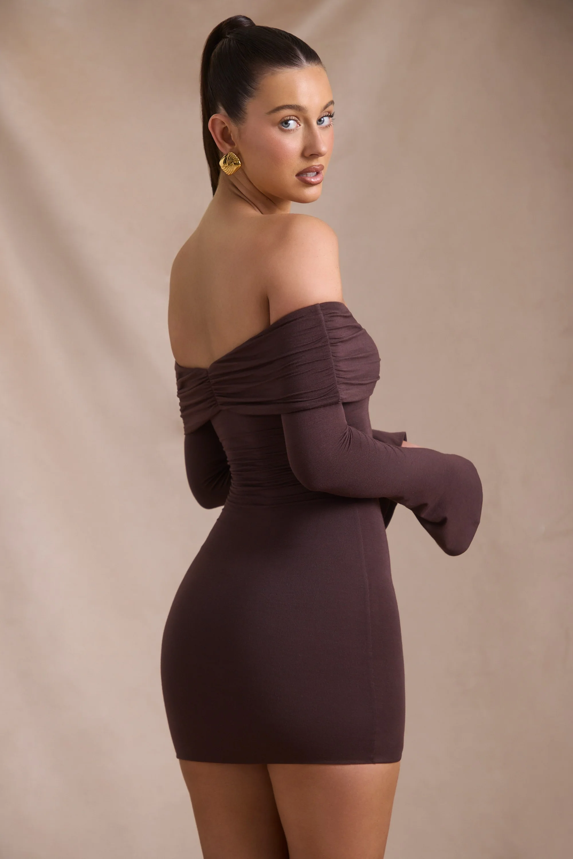 Modal-Cashmere Blend Off-Shoulder Ruched Mini Dress in Espresso - TREBLEV