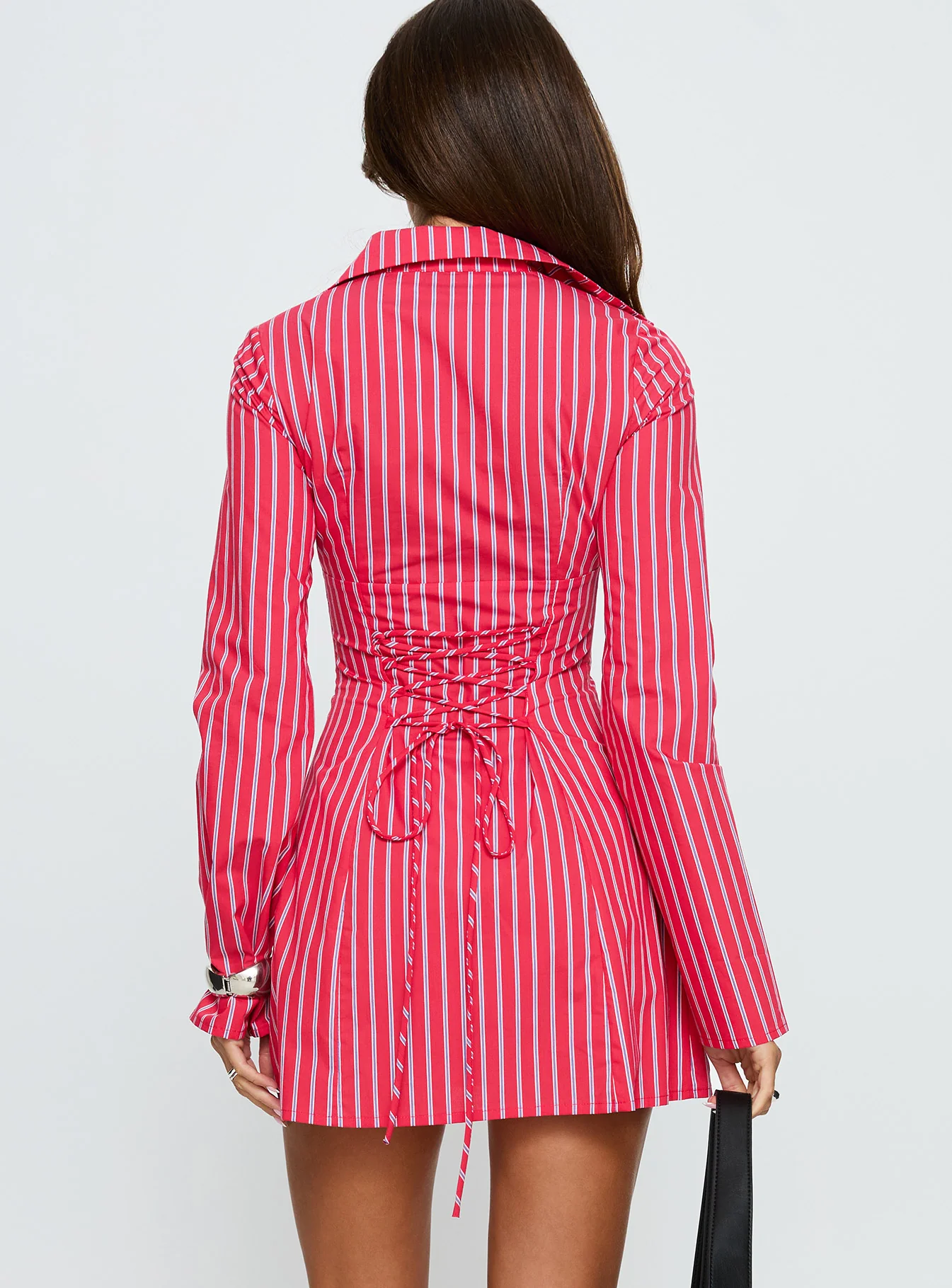 Tawni Long Sleeve Shirt Mini Dress Red Stripe - TREBLEV