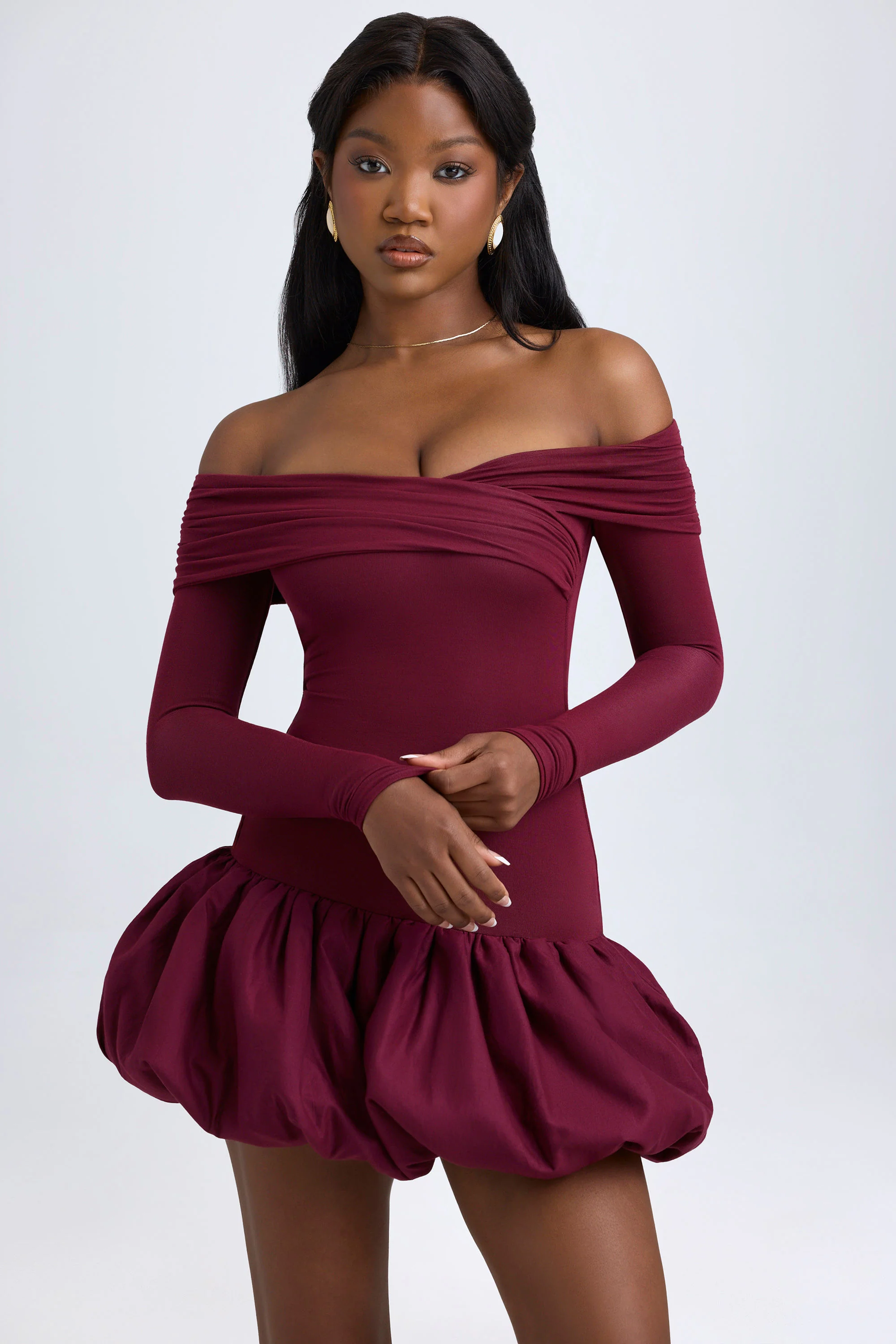 Modal Off-Shoulder Bubble Hem Mini Dress in Wine Red - TREBLEV