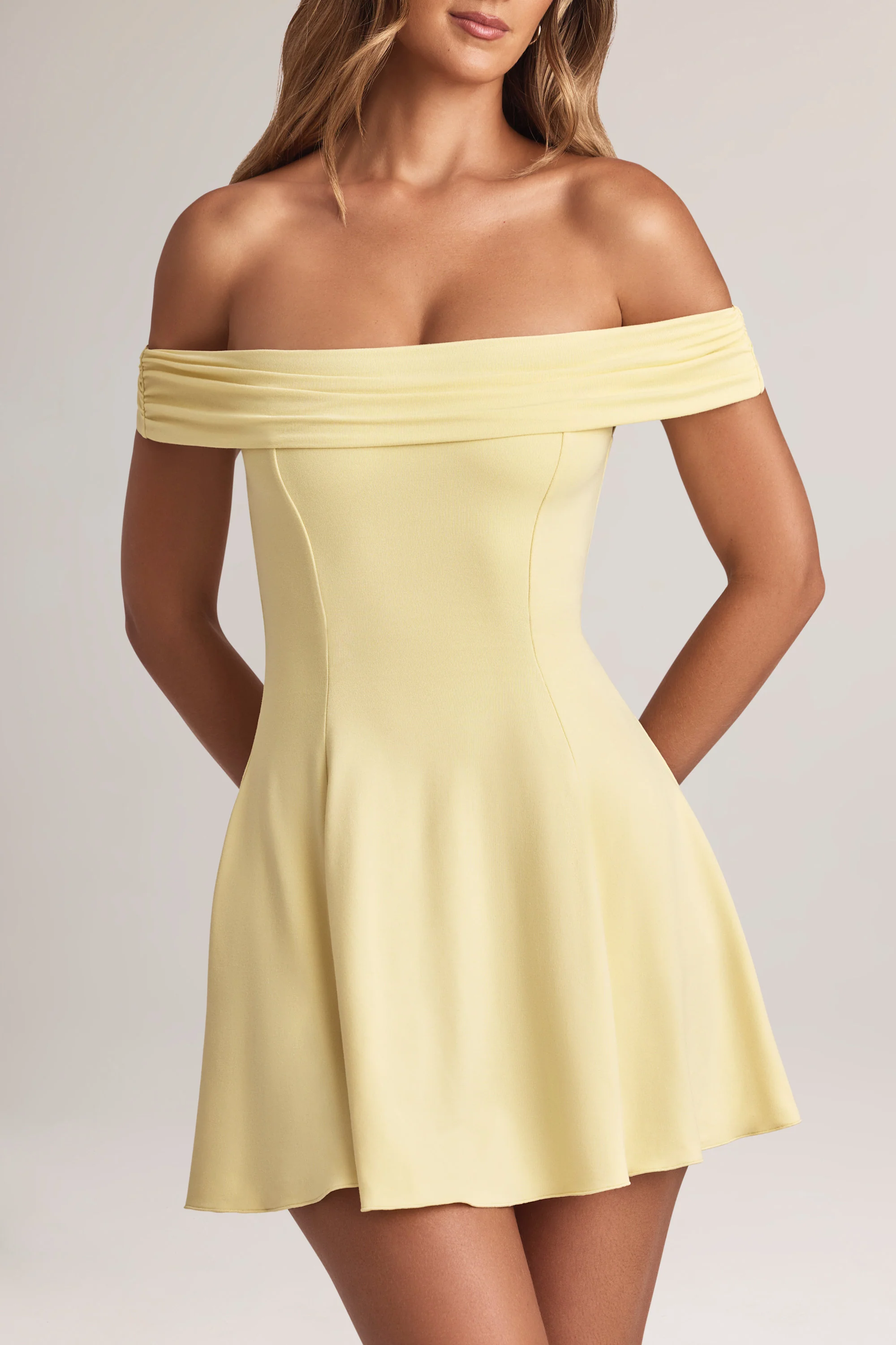Modal Off-Shoulder A-Line Mini Dress in Lemon Sherbet - TREBLEV