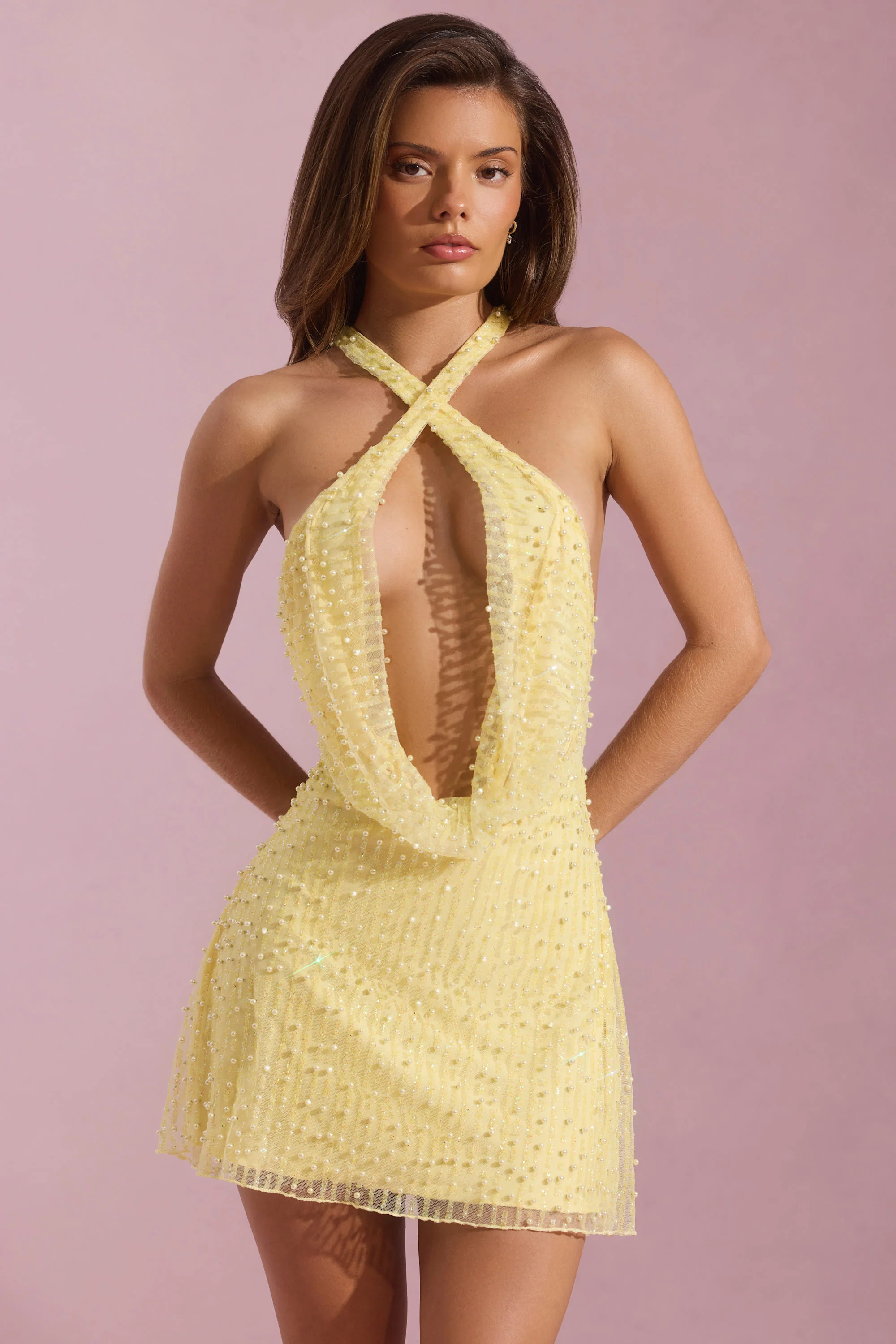 Embellished Cowl-Neck Backless Mini Dress in Yellow - TREBLEV
