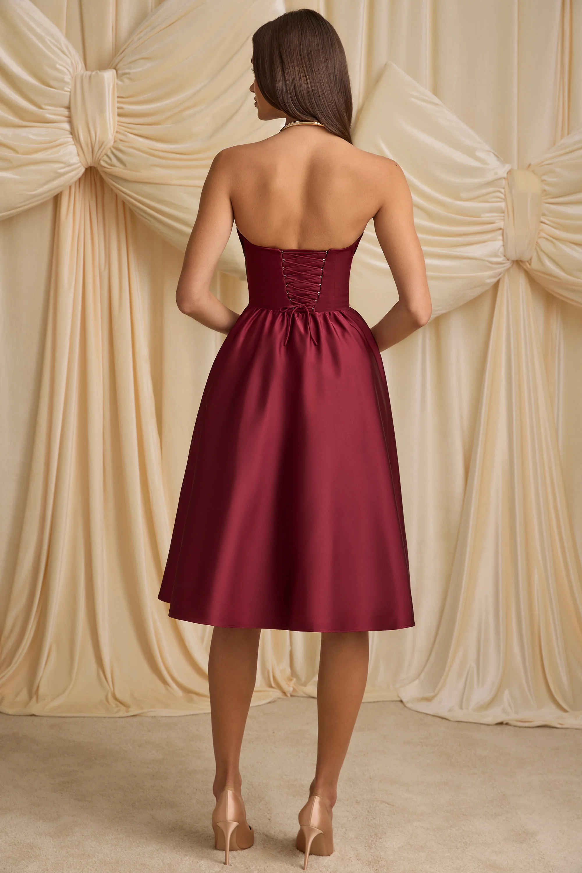 Strapless Corset Midi Dress in Wine Red - TREBLEV