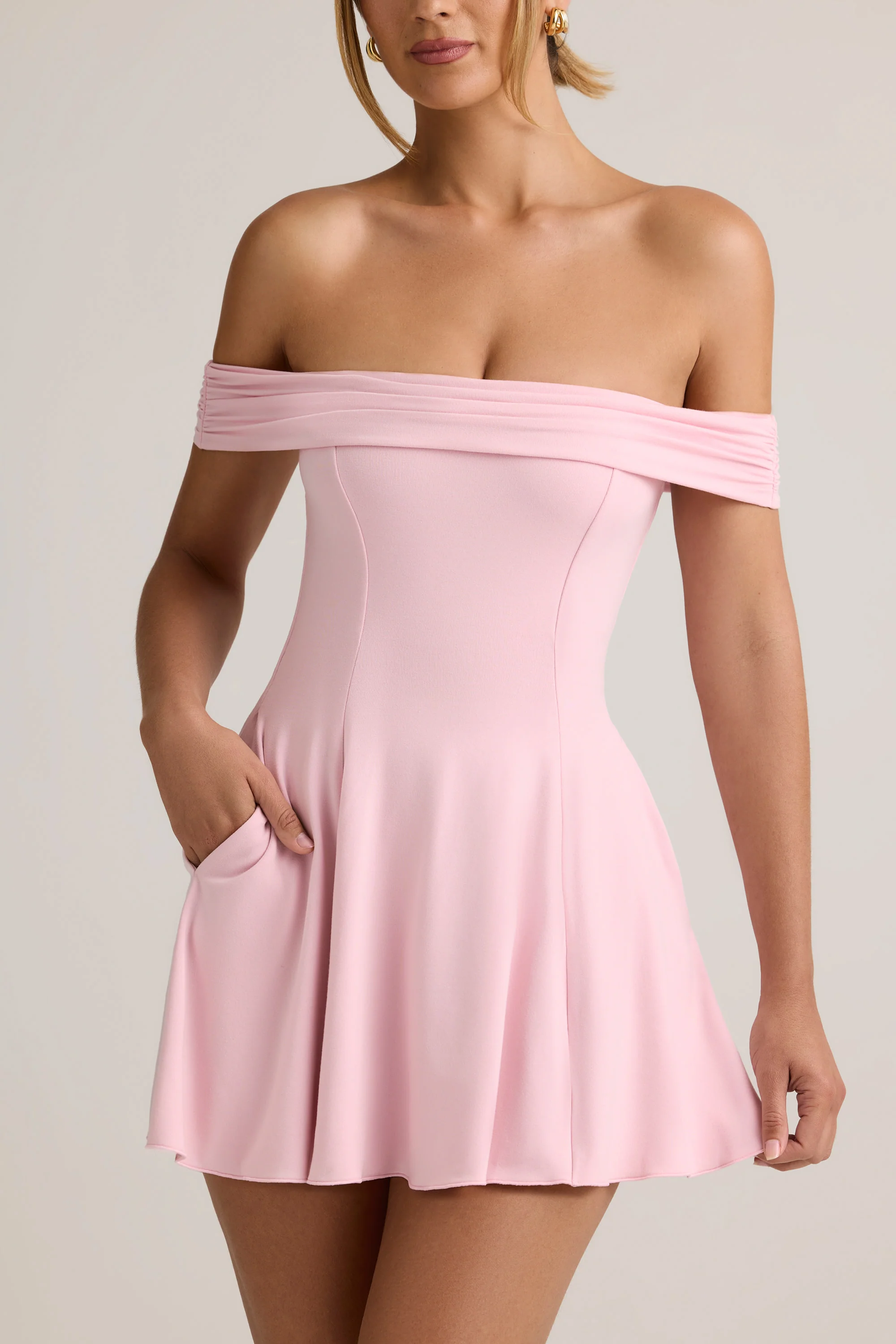 Modal Off-Shoulder A-Line Mini Dress in Baby Pink - TREBLEV