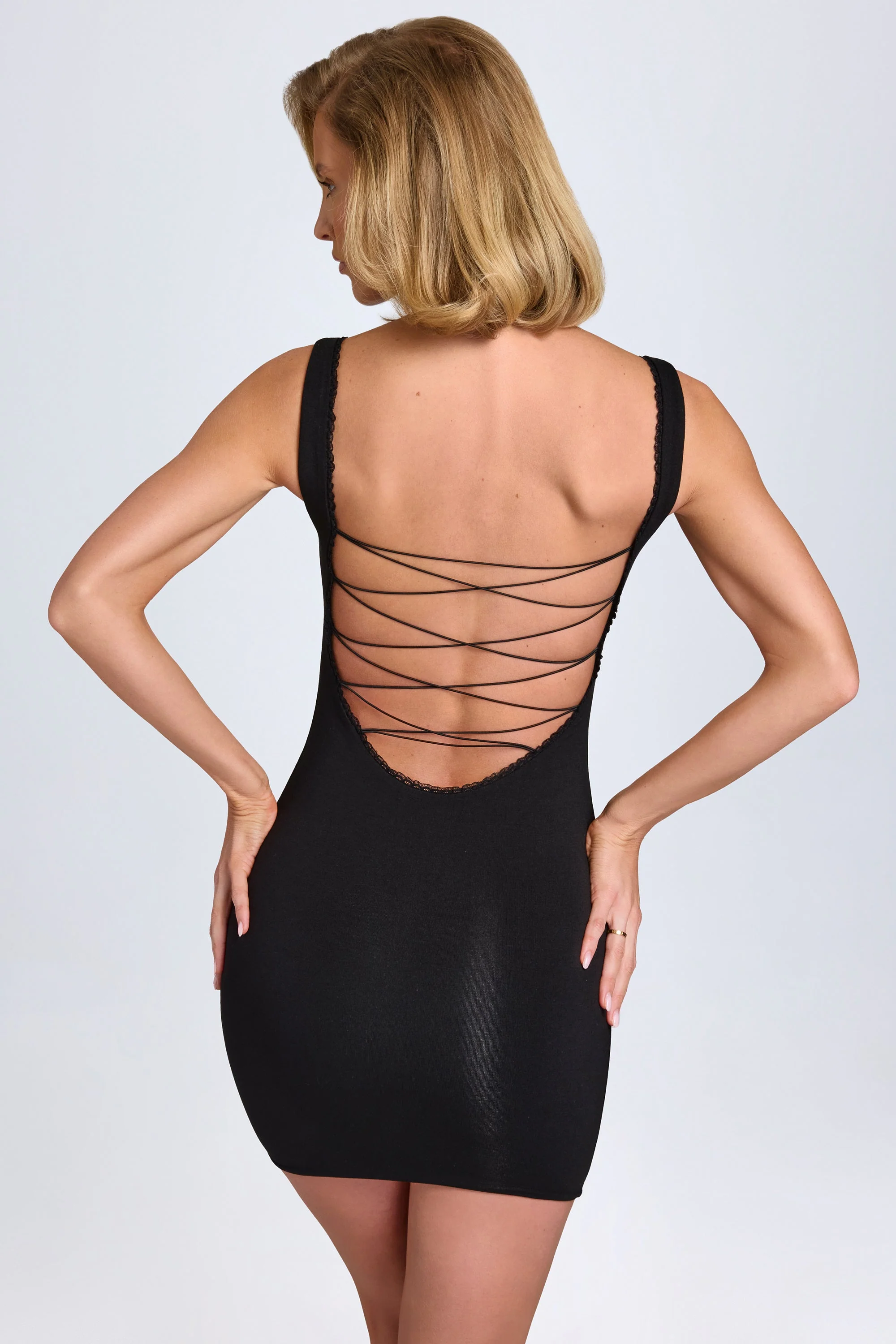 Modal Lace-Trim Bodycon Mini Dress in Black - TREBLEV