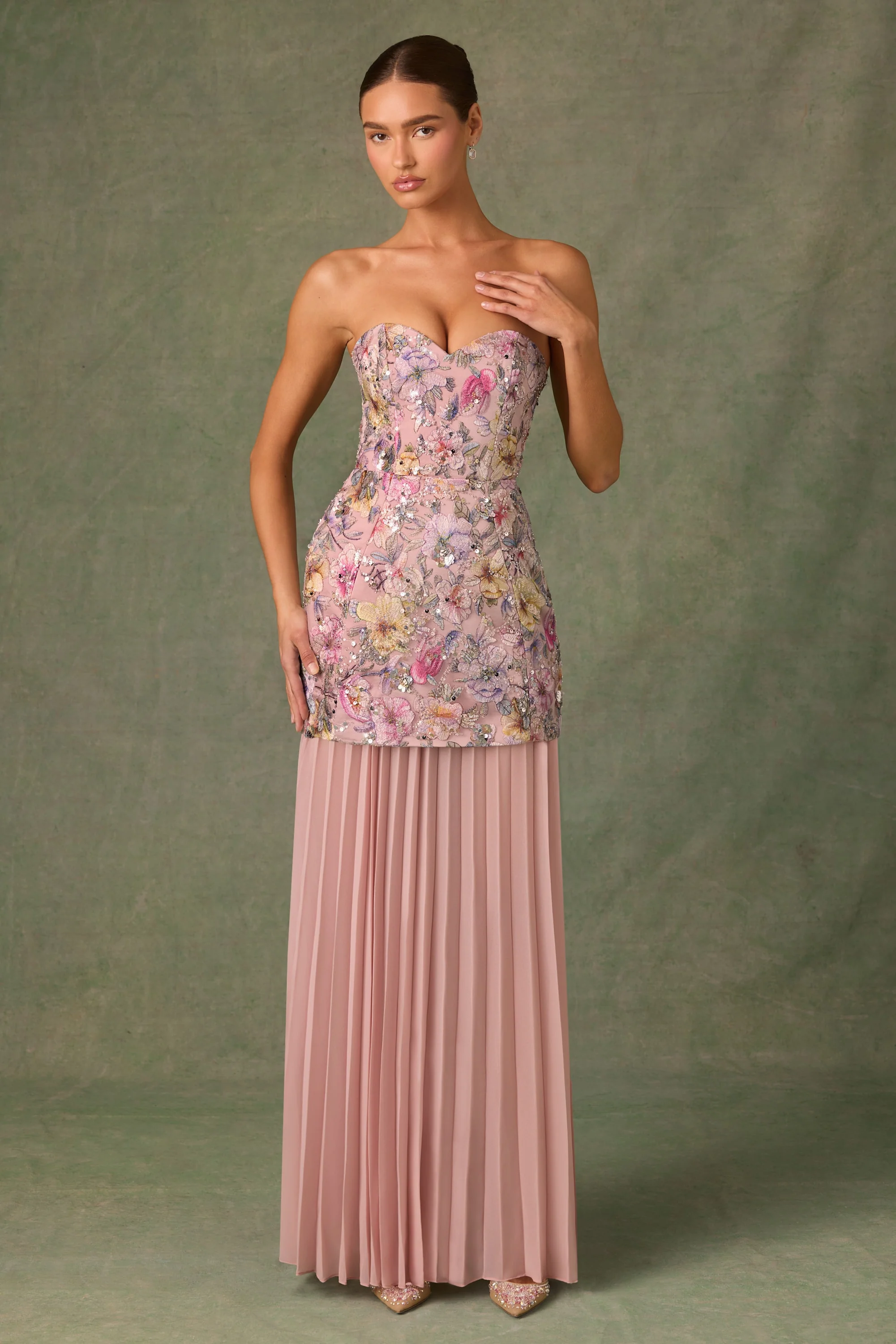 Embellished Convertible Lace-Up Gown in Floral Pink - TREBLEV