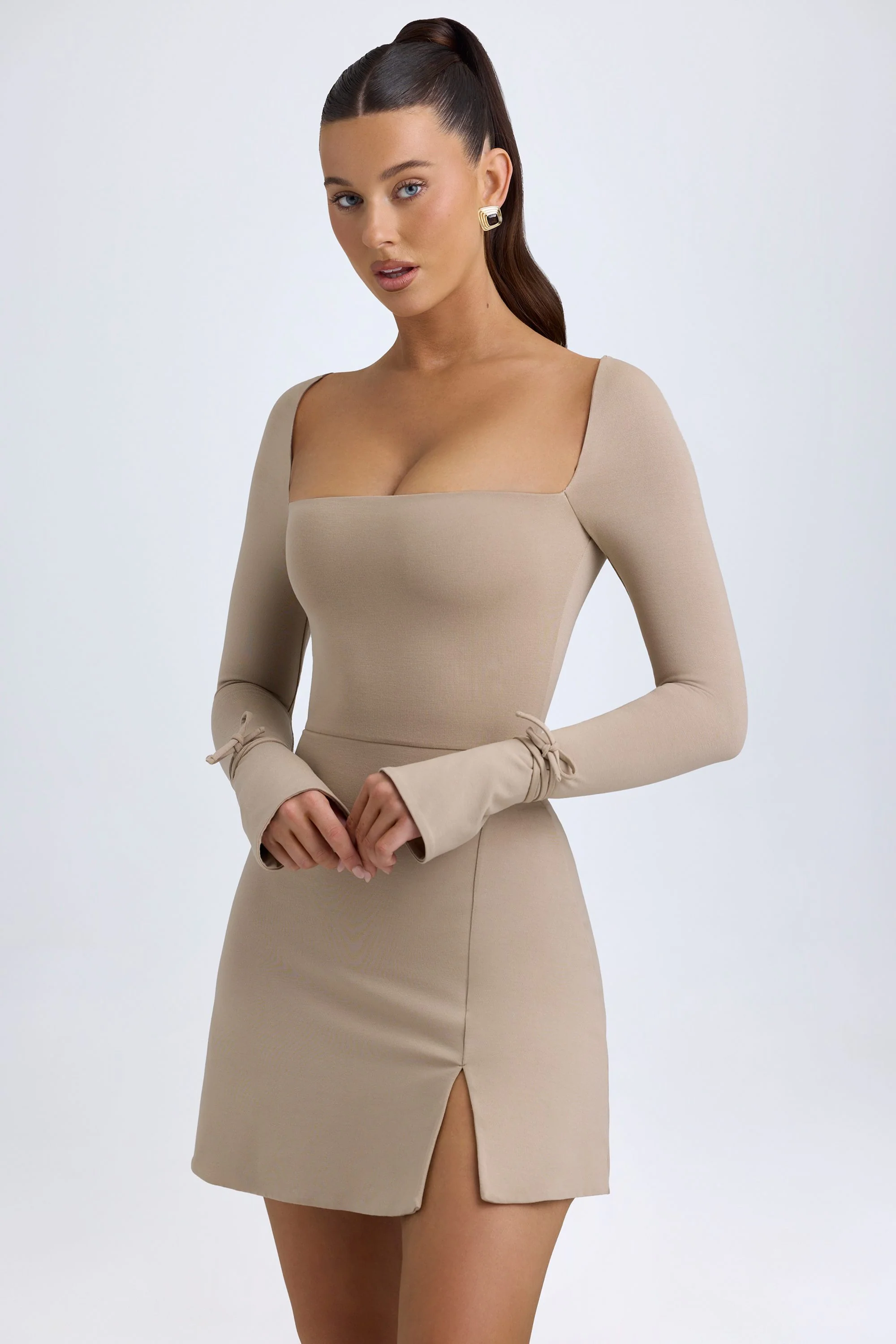 Square Neck Long Sleeve Mini Dress in Taupe - TREBLEV