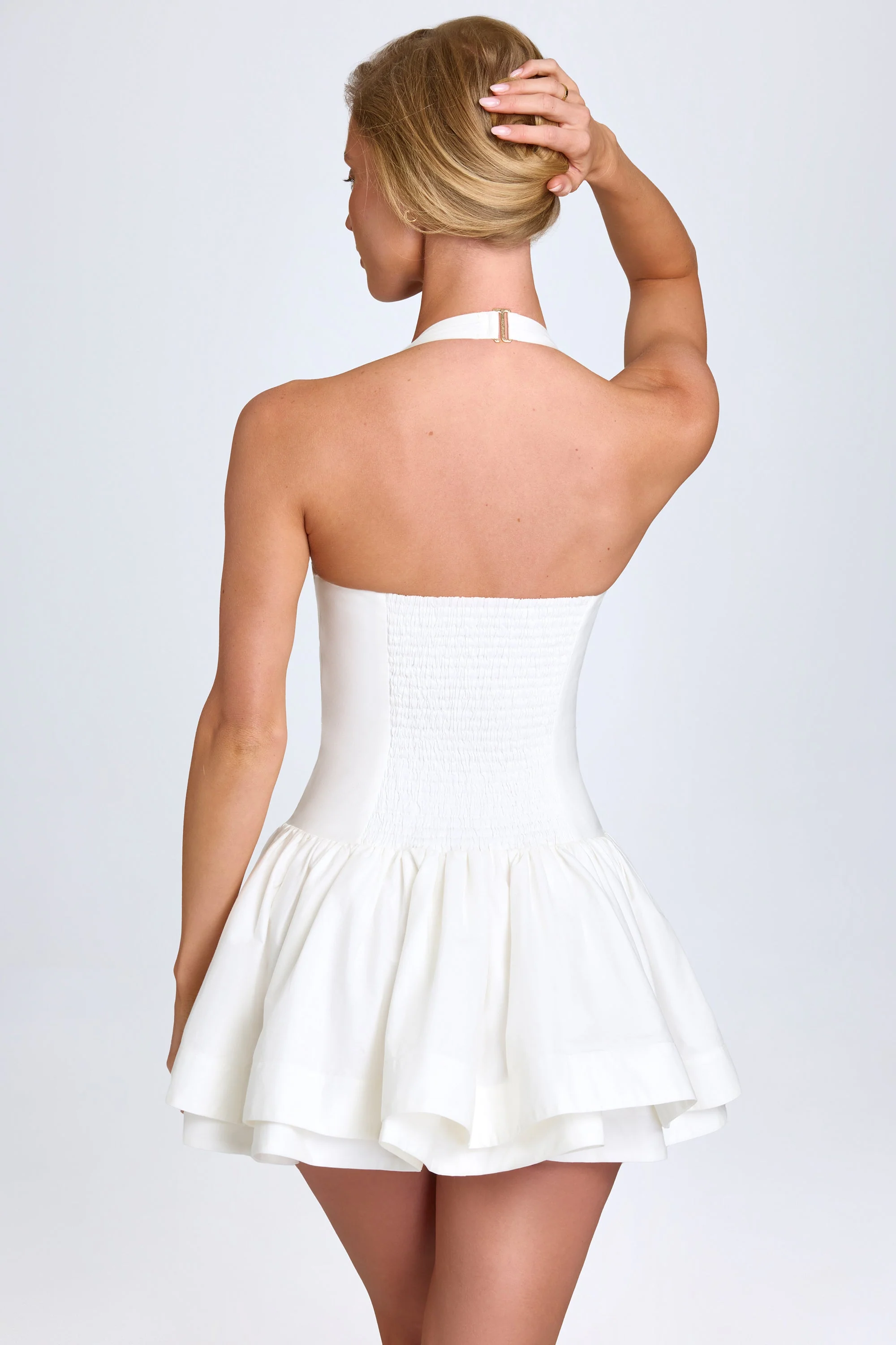 Ruched Halterneck Mini Dress in White - TREBLEV