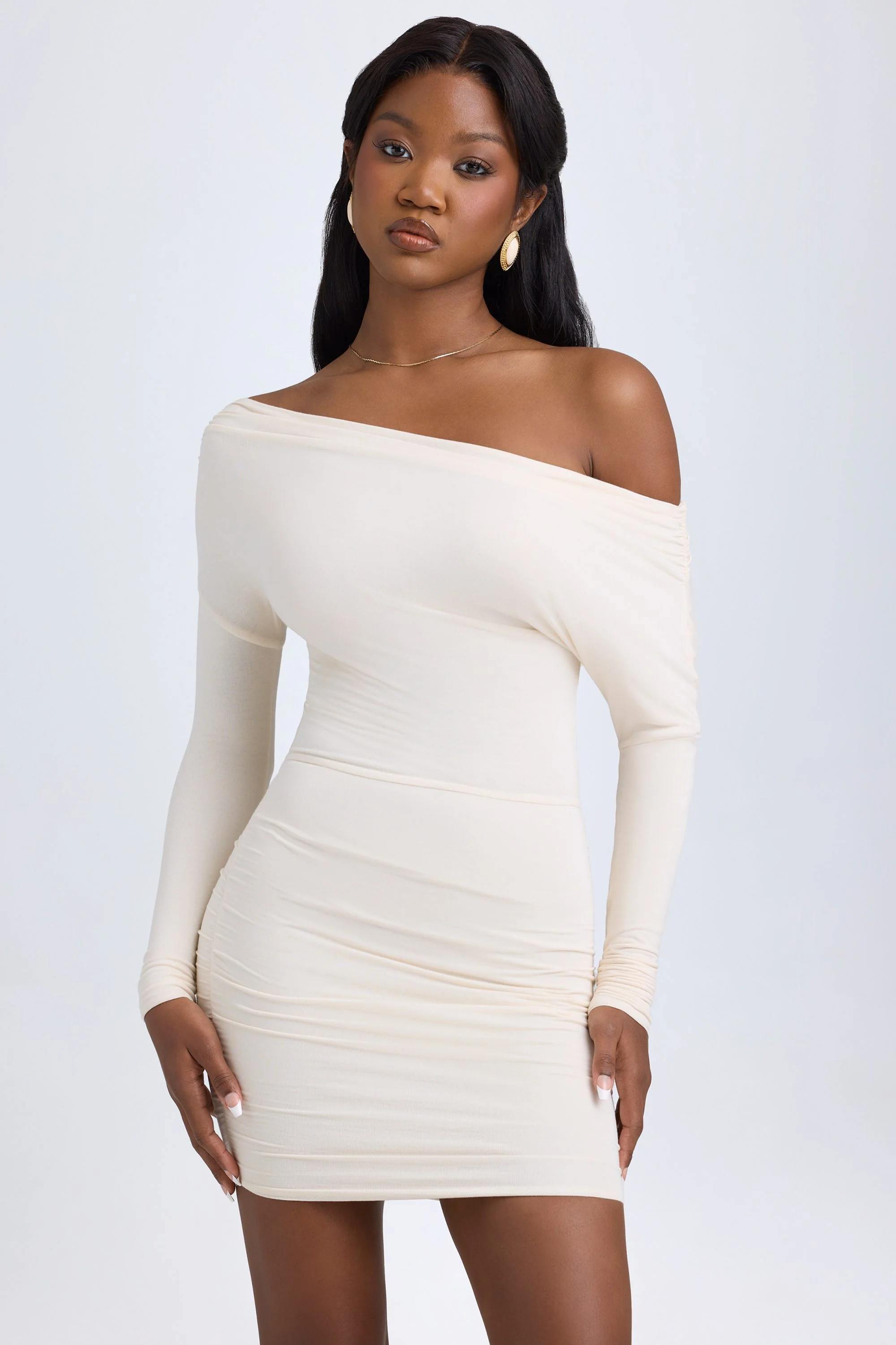 Modal Off-Shoulder Ruched Mini Dress in Ivory - TREBLEV