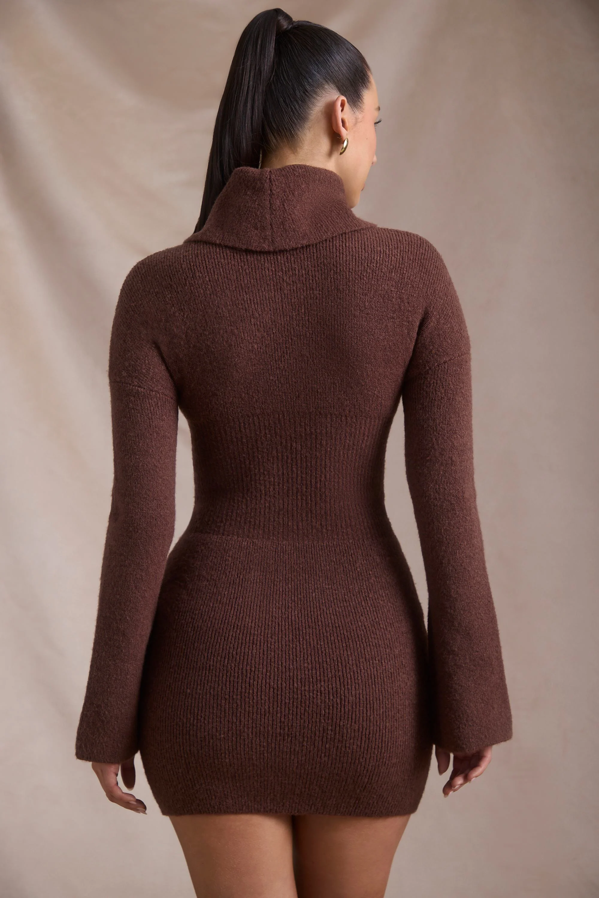 Ribbed-Knit Turtleneck Mini Jumper Dress in Espresso - TREBLEV
