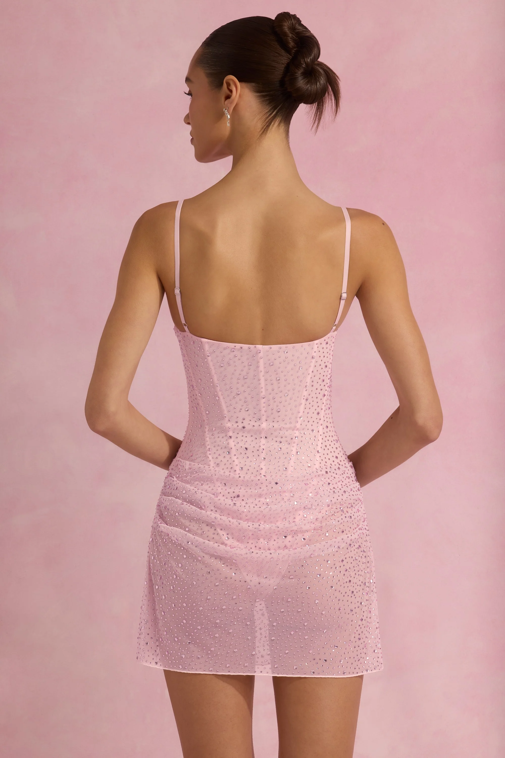 Semi-Sheer Embellished Draped Corset Mini Dress in Pink - TREBLEV