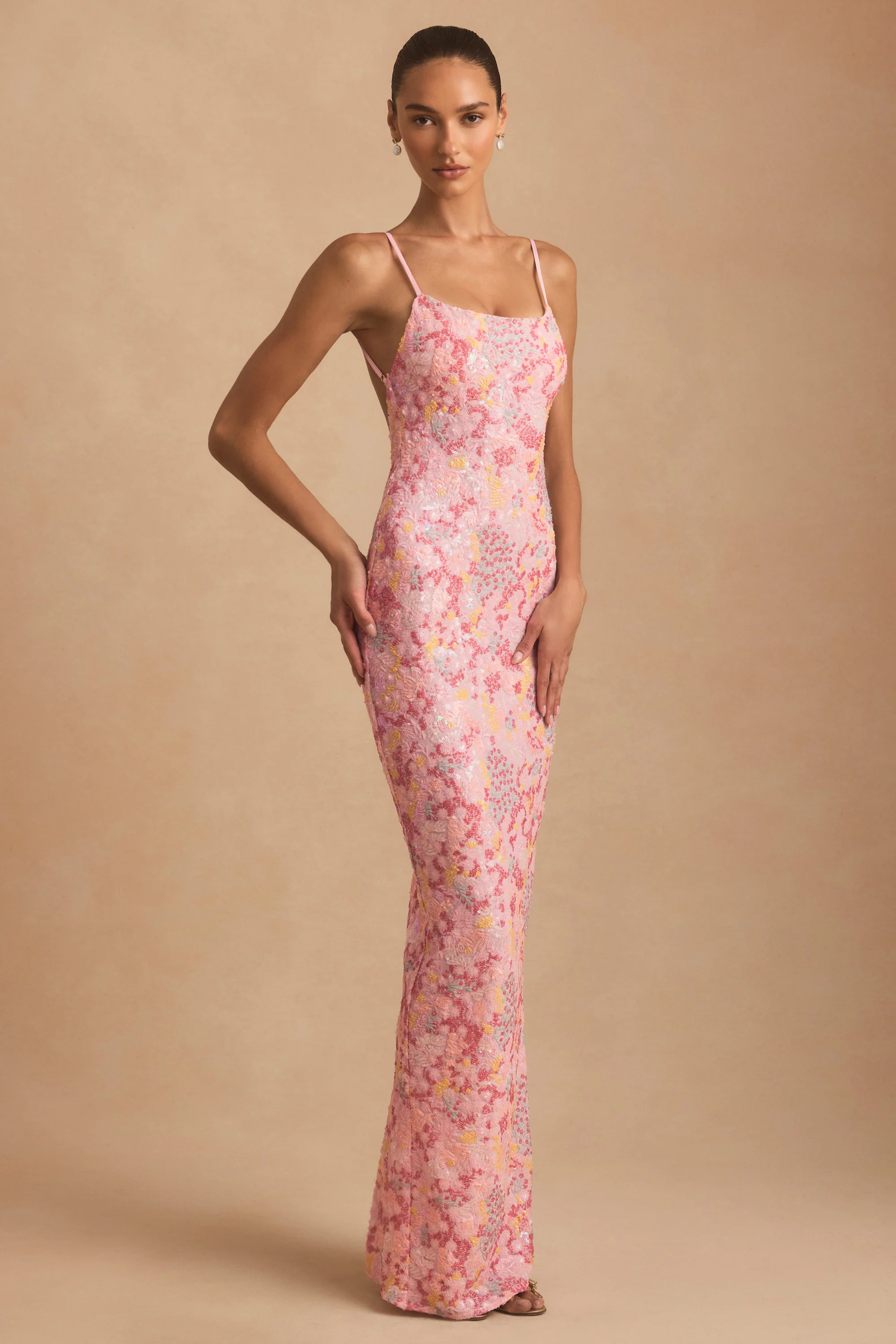 Embellished Scoop-Neck Backless Maxi Dress in Pink - TREBLEV