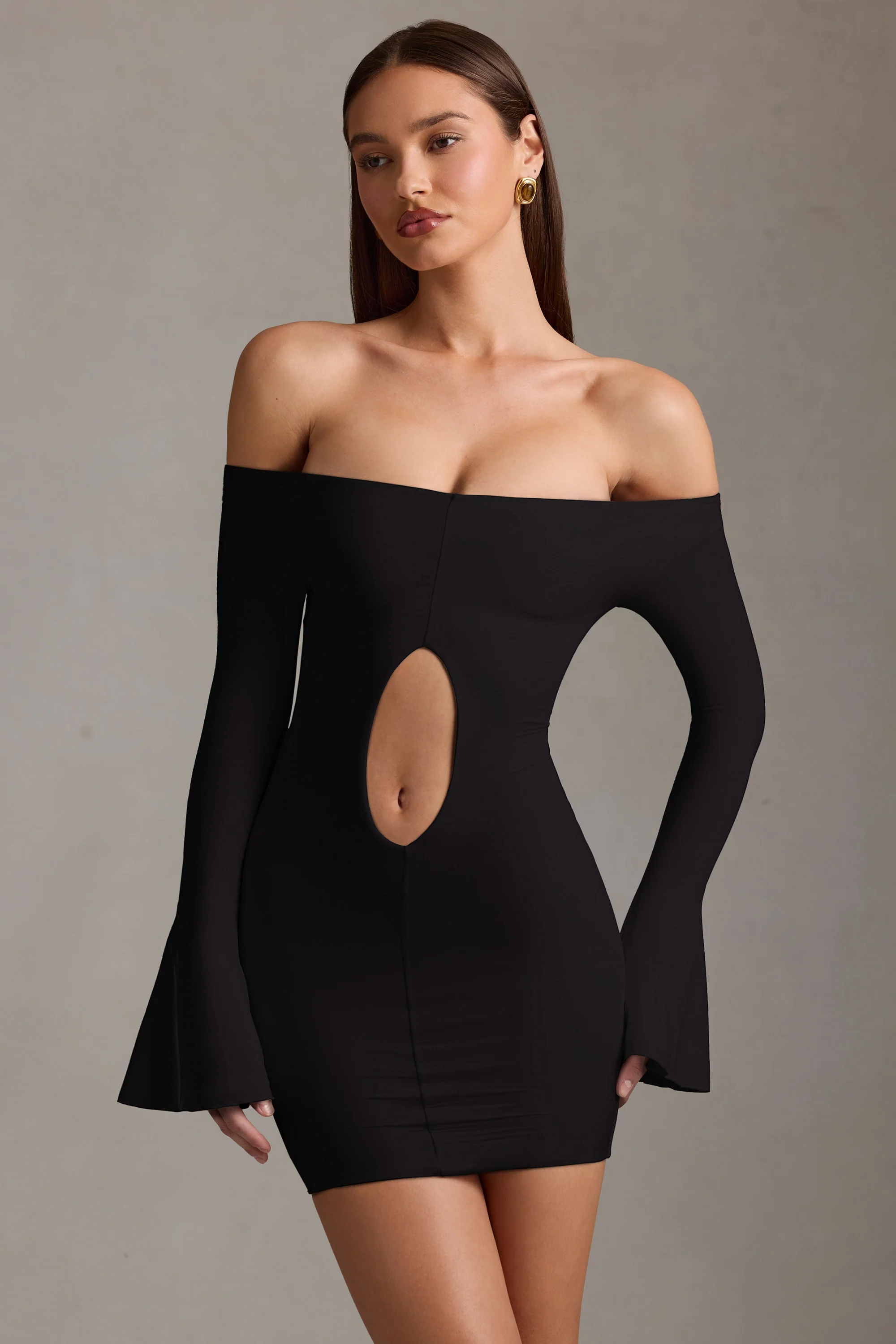 Off-Shoulder Cut-Out Mini Dress in Black - TREBLEV