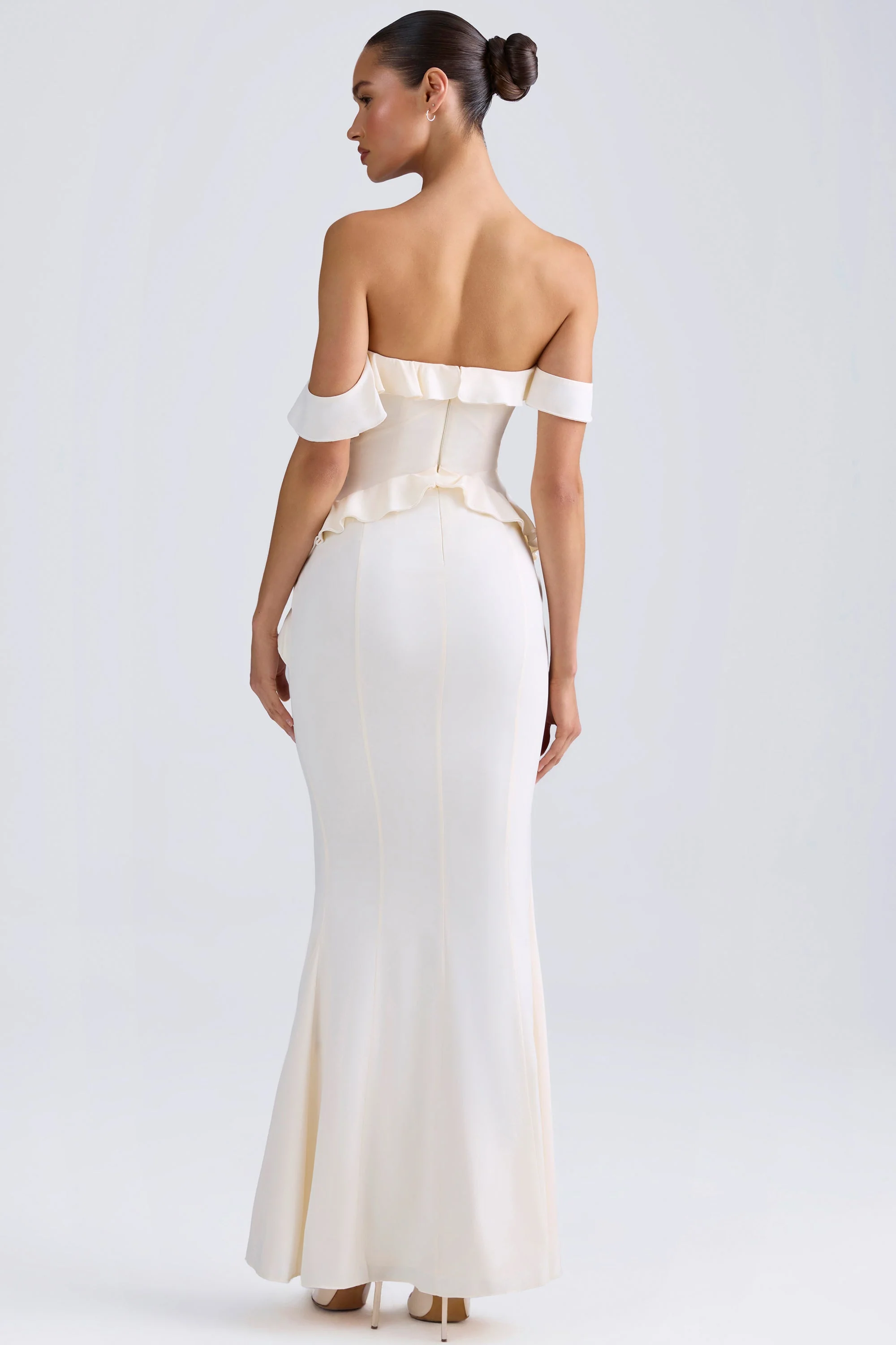 Off-Shoulder Ruffle-Trim Gown in Ivory - TREBLEV