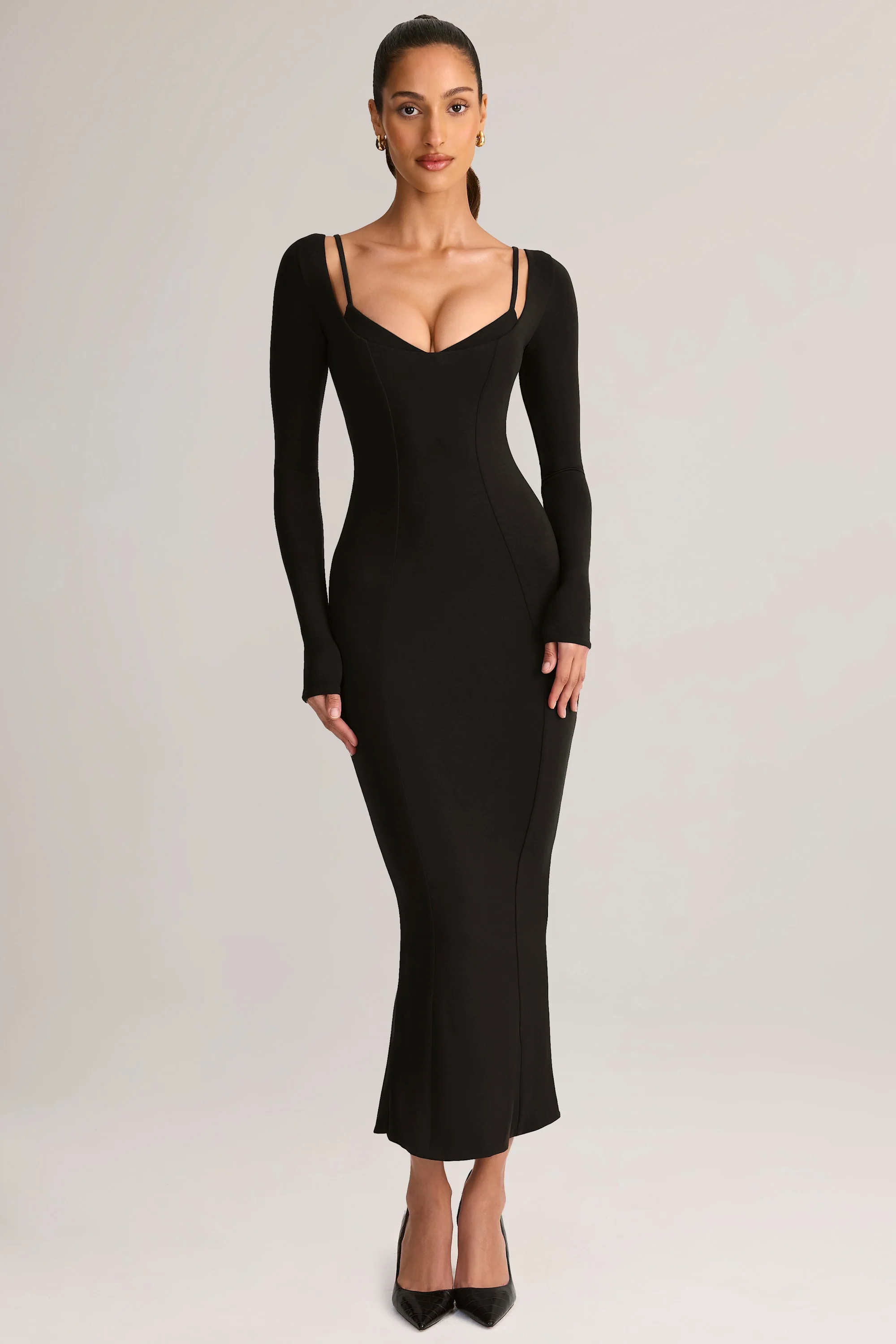Modal Peekaboo Long-Sleeve Midi Dress in Black - TREBLEV