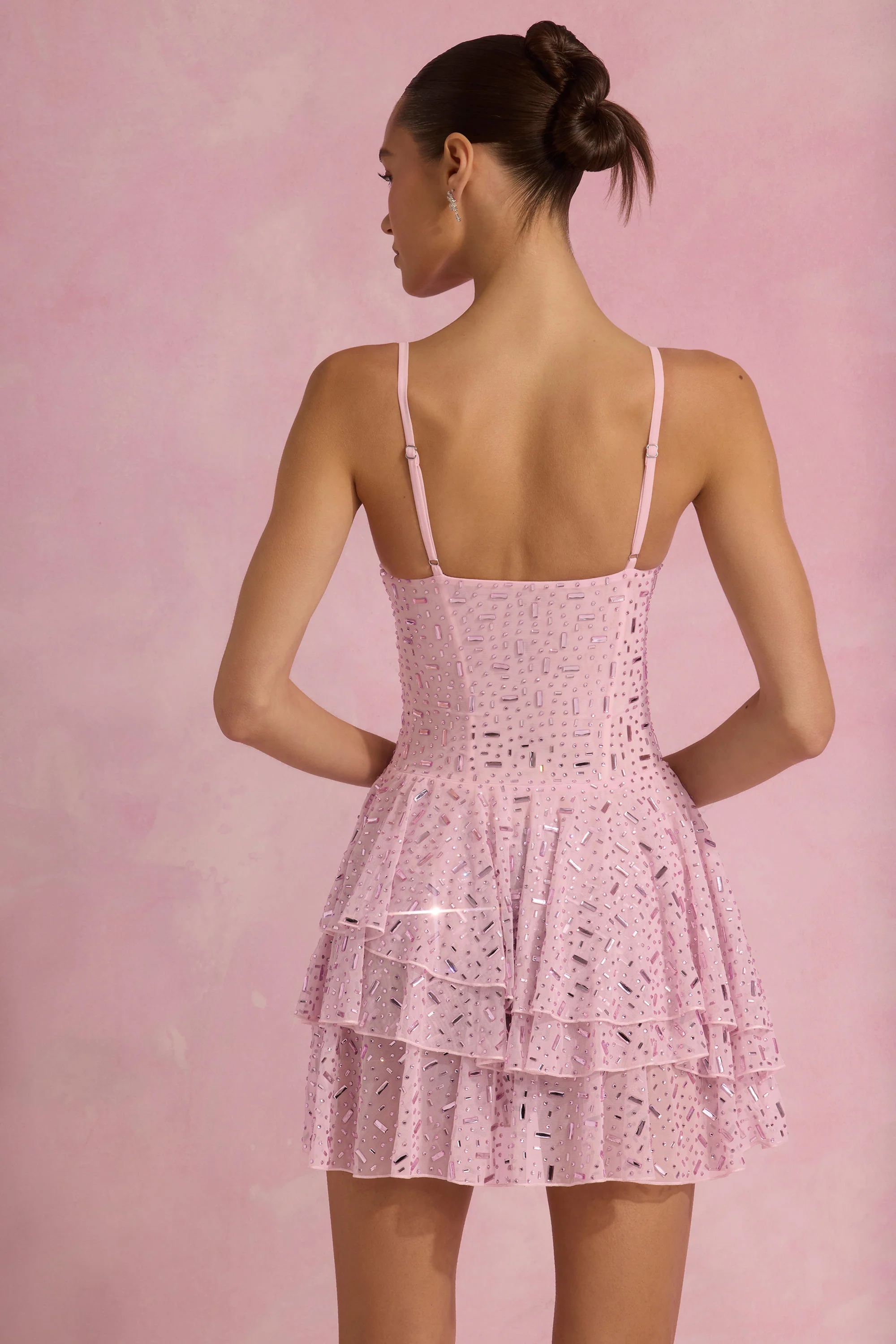 Embellished Ruffled Tiered Mini Dress in Pink - TREBLEV