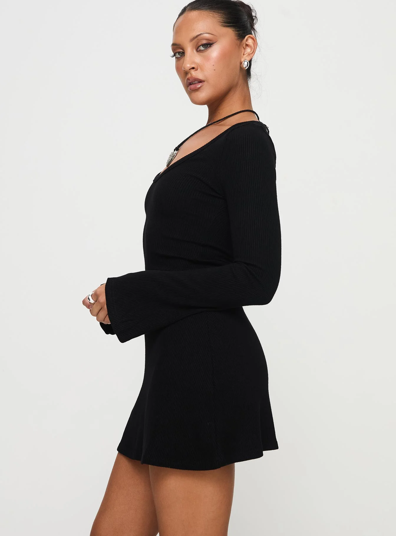 Best Interest Long Sleeve Mini Dress Black Tall - TREBLEV