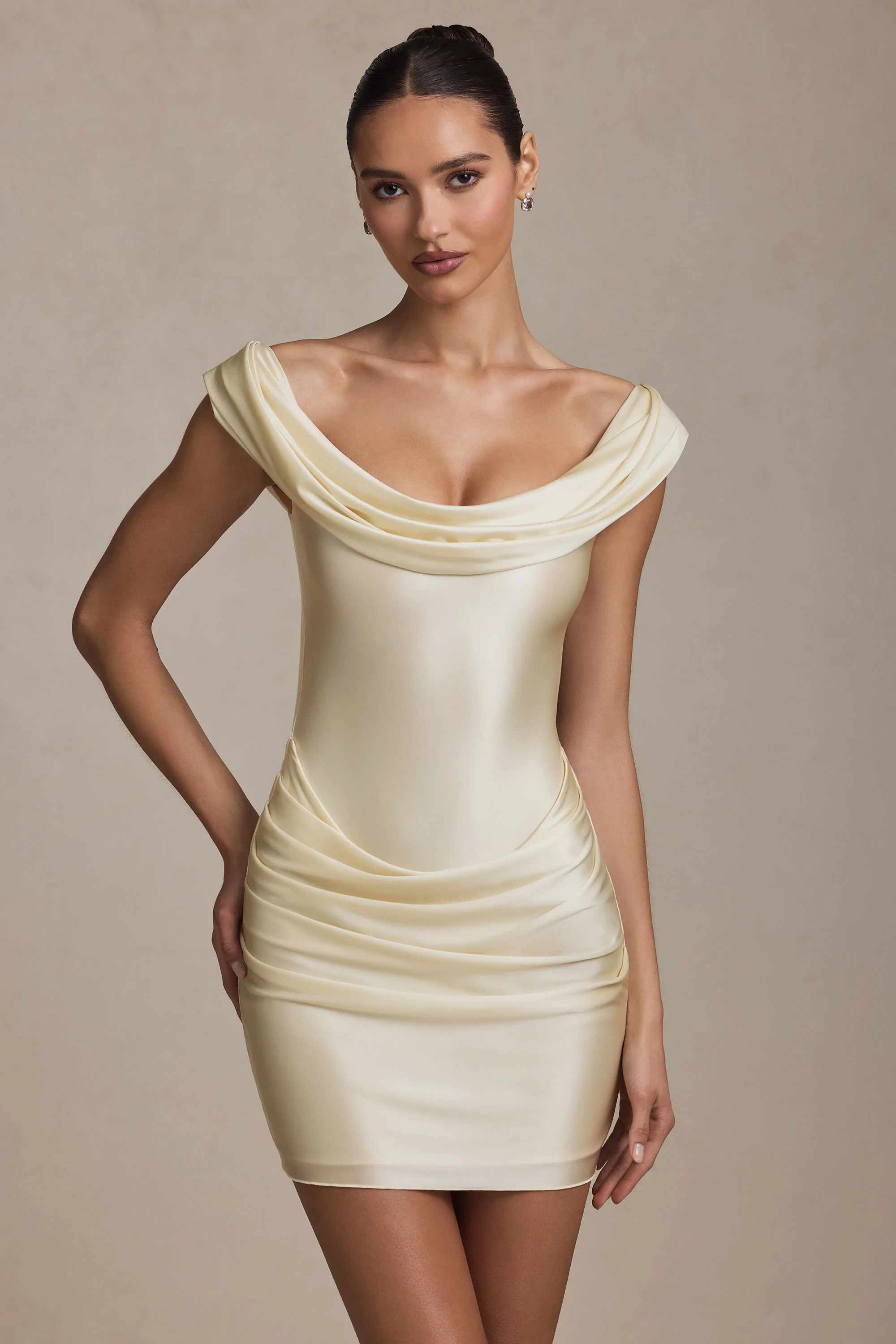 Off-Shoulder Draped Mini Dress in Ivory - TREBLEV