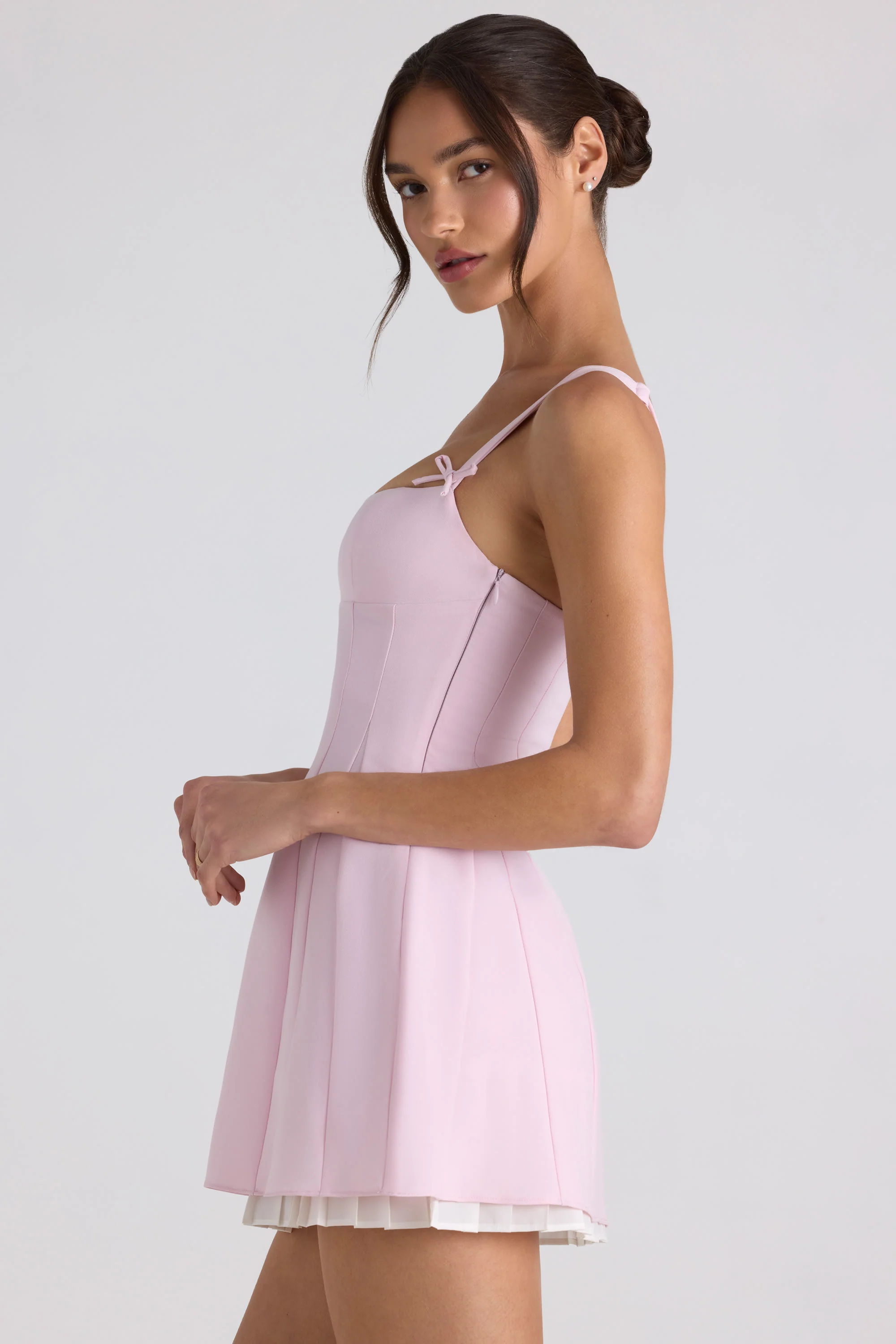Bow-Detail Pleated A-Line Mini Dress in Soft Pink - TREBLEV
