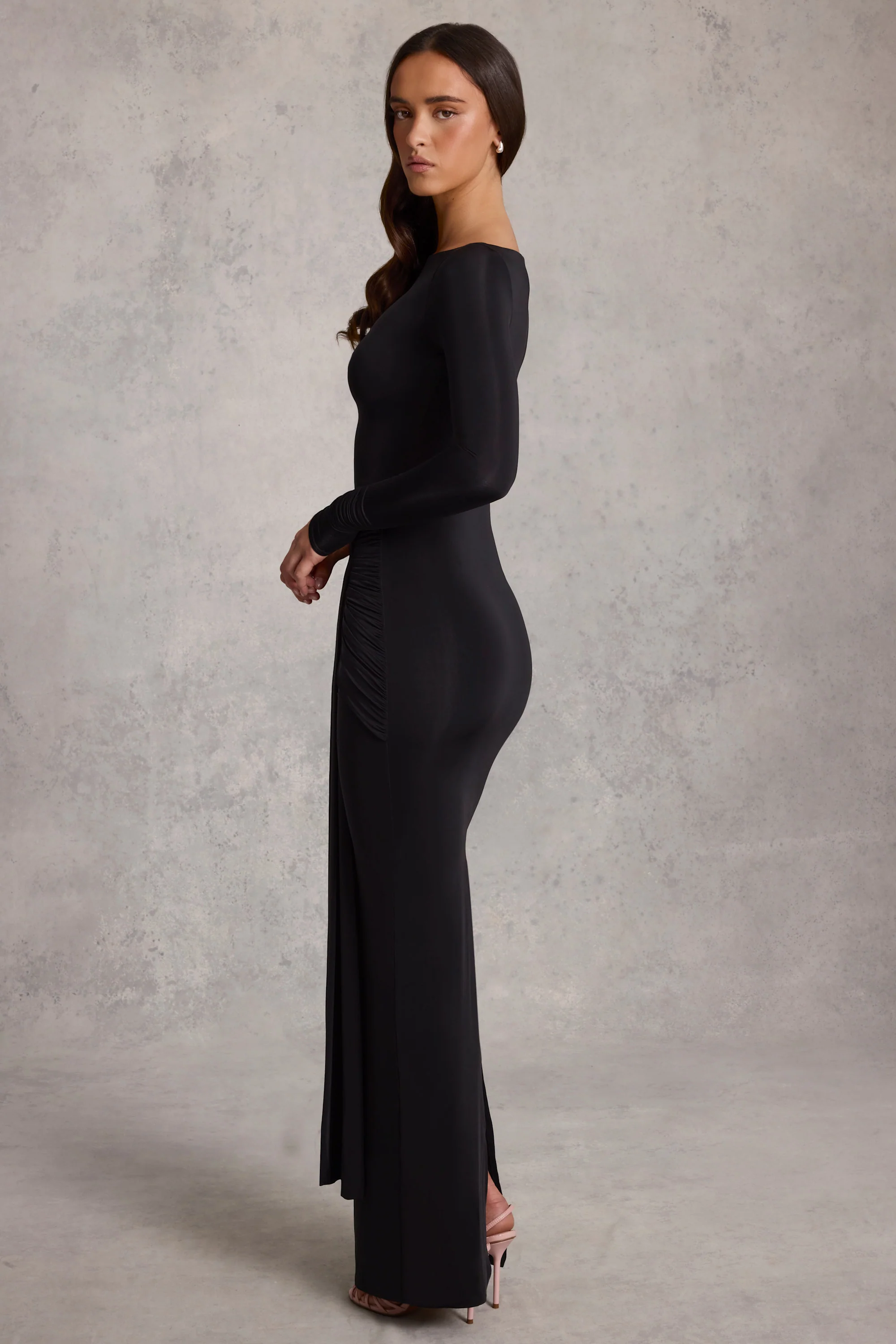 Draped Ruched Maxi Dress in Black - TREBLEV