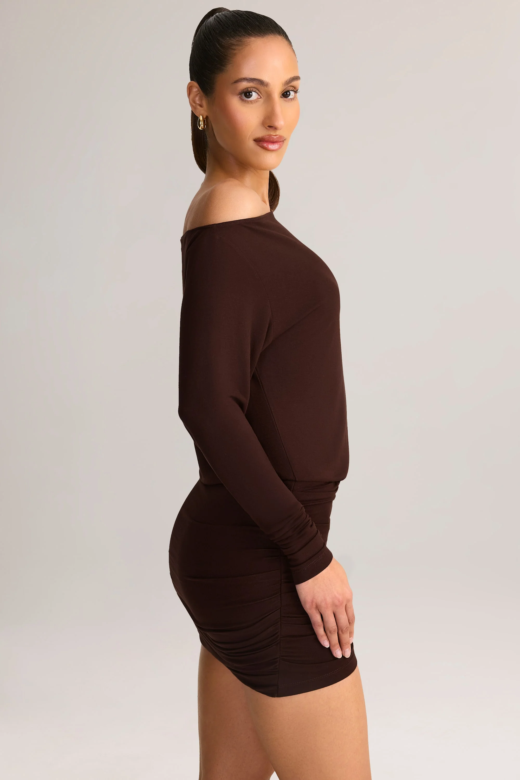 Modal Off-Shoulder Mini Dress in Chocolate Brown - TREBLEV