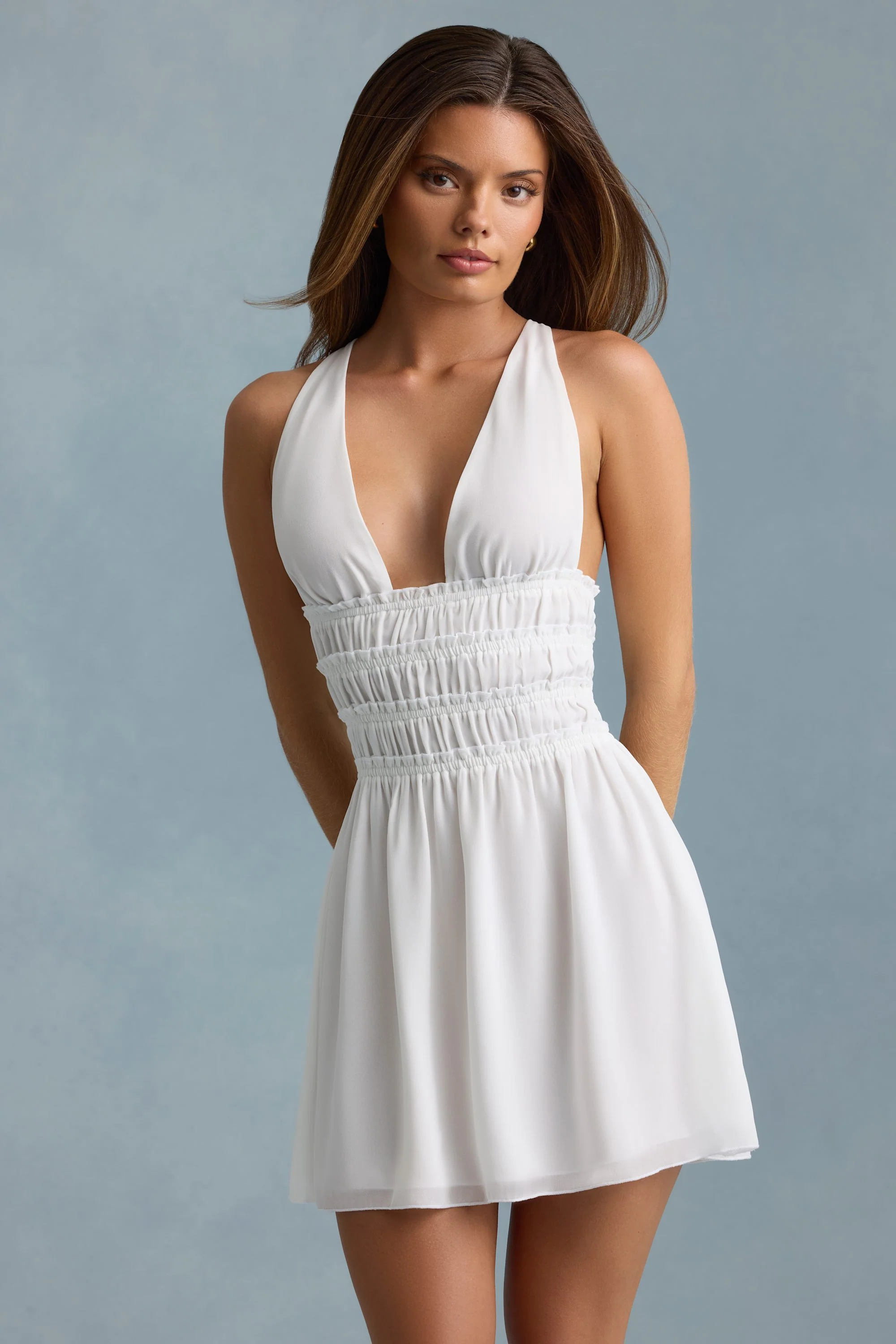 Plunge Cross-Back Mini Dress in White - TREBLEV