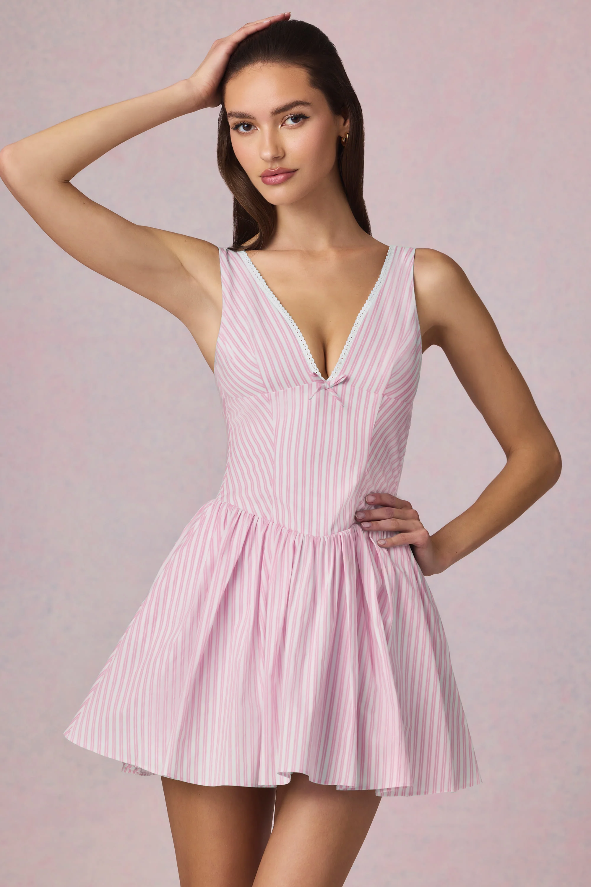 Bow-Detail A-Line Mini Dress in Soft Mauve Stripe - TREBLEV