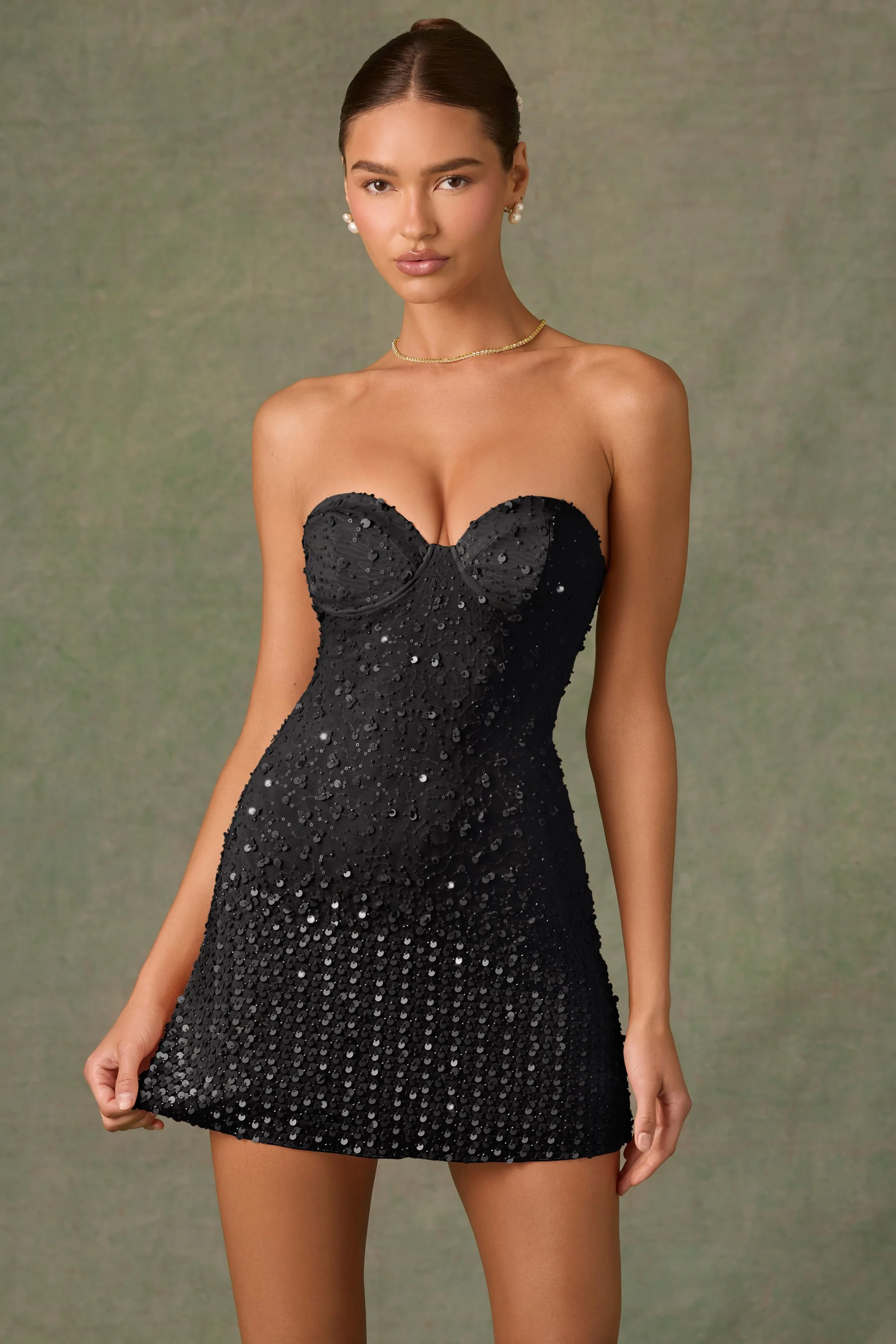 Embellished Sweetheart-Neck A-Line Mini Dress in Black - TREBLEV