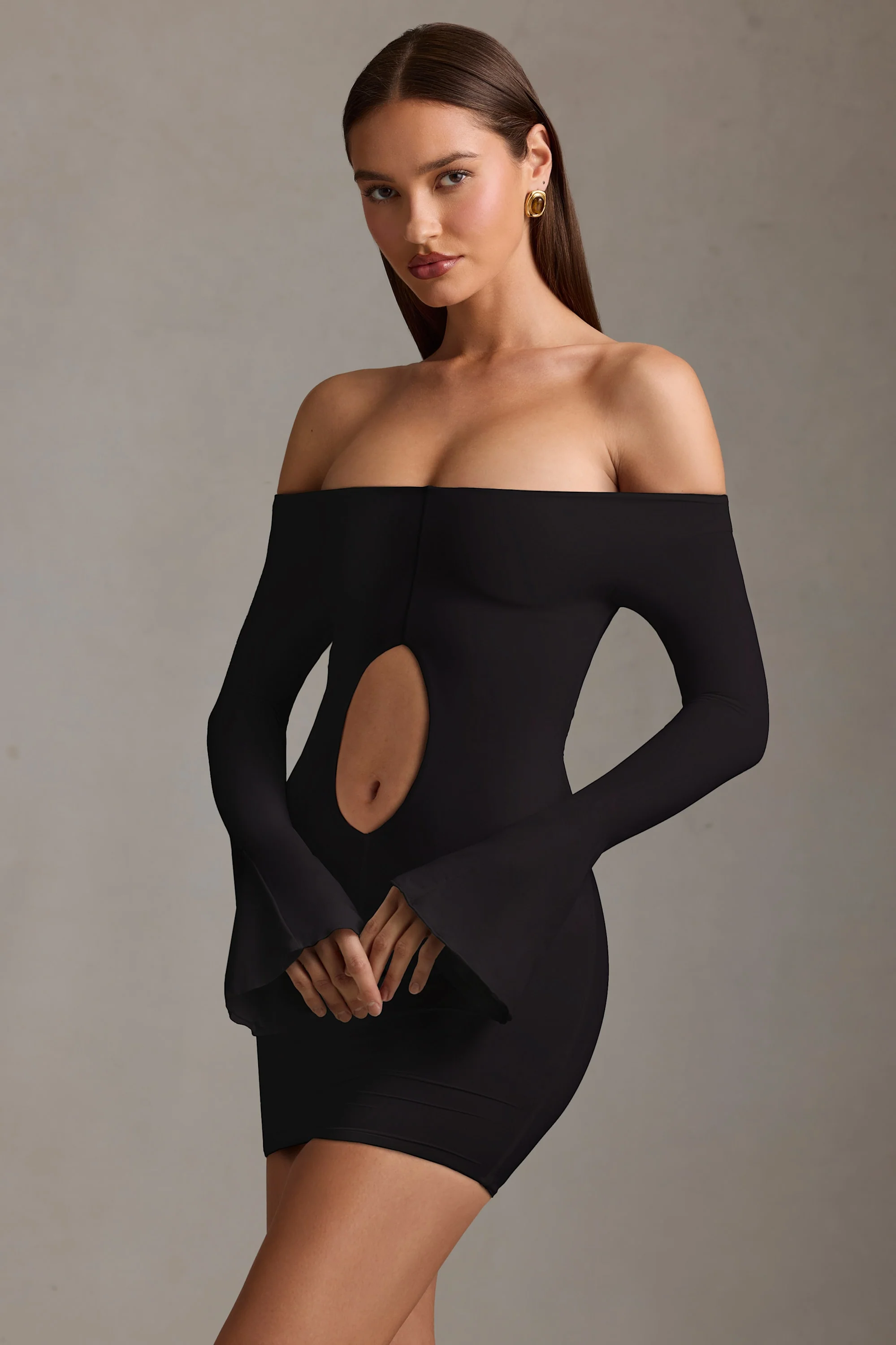 Off-Shoulder Cut-Out Mini Dress in Black - TREBLEV