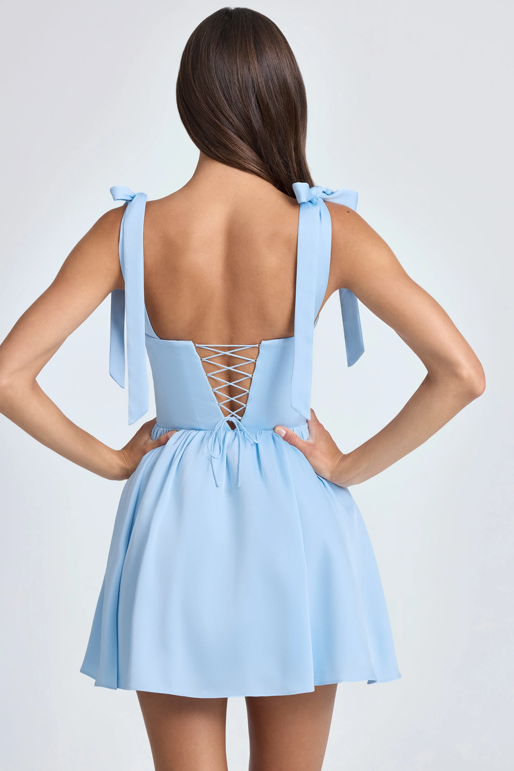 Draped Corset Mini Dress in Powder Blue - TREBLEV