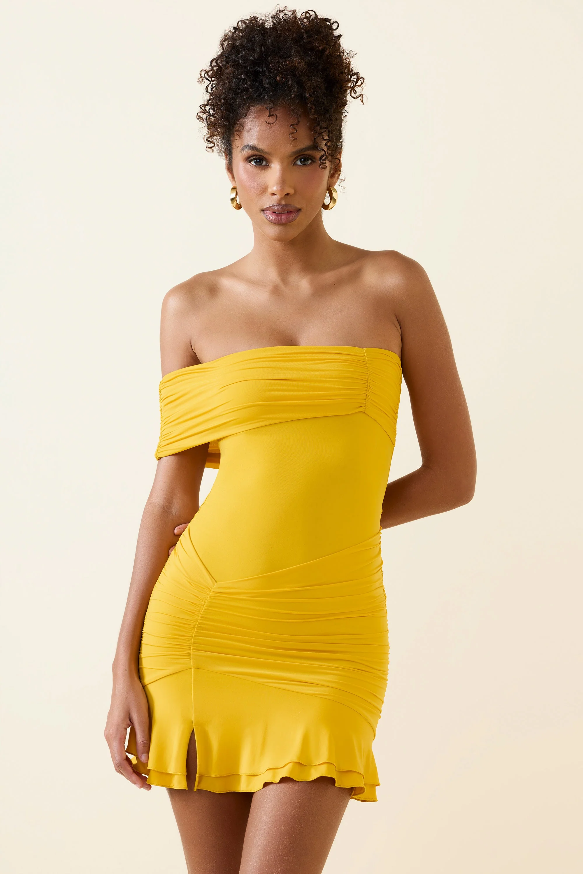 Asymmetric Ruched One-Shoulder Mini Dress in Golden Yellow - TREBLEV