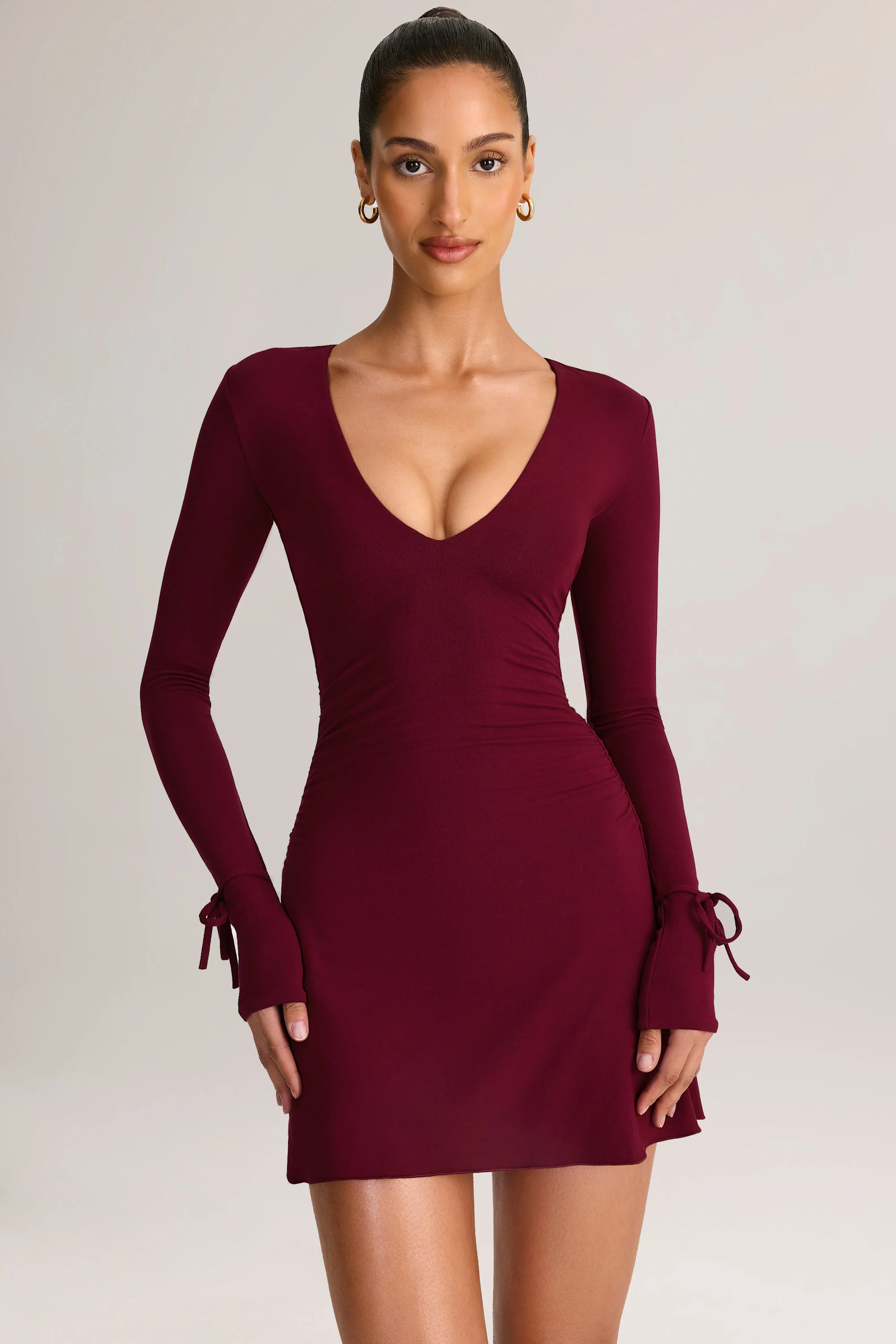 Modal Long-Sleeve Mini Dress in Wine - TREBLEV